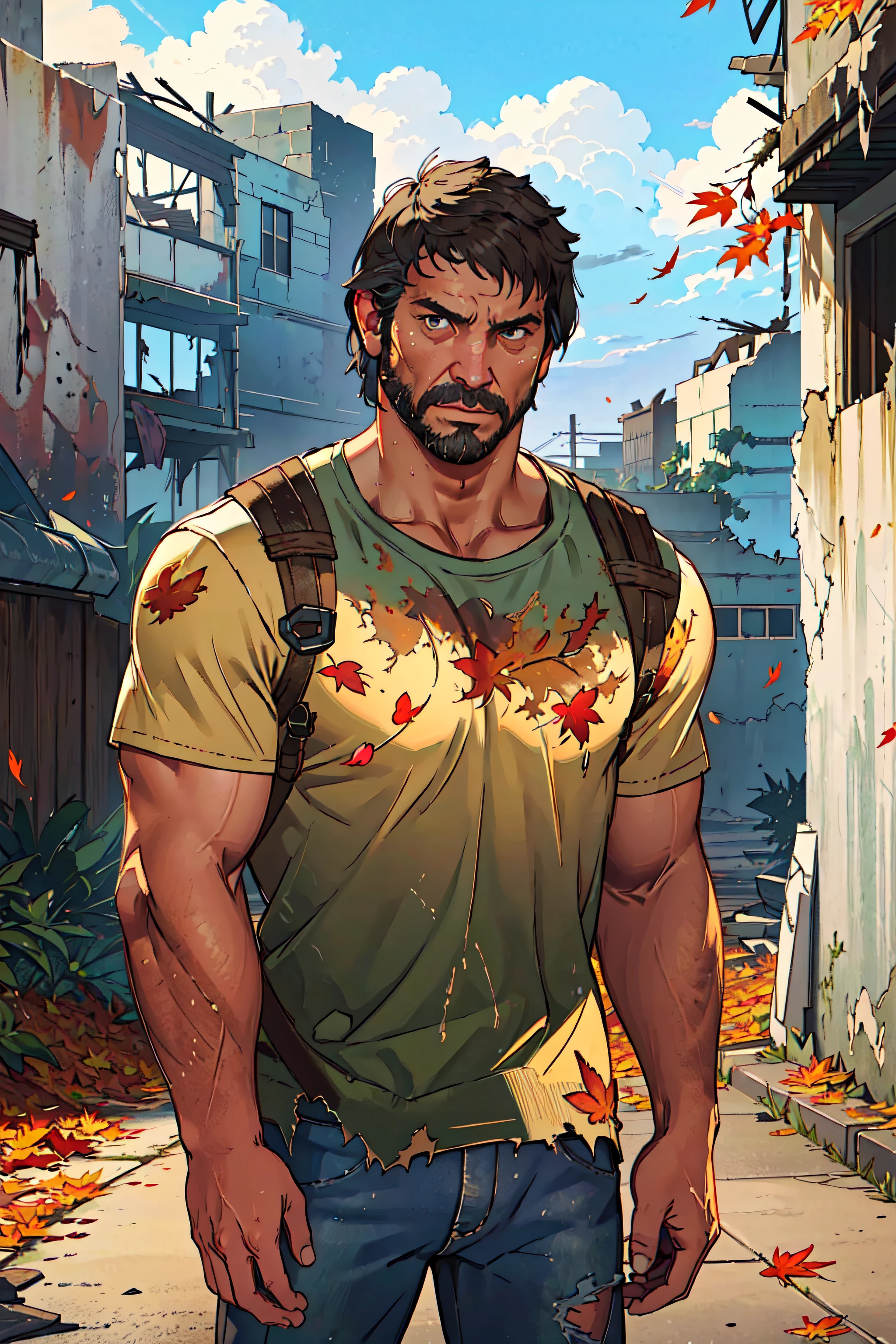 Best quality, masterpiece, ultra high res,detailed background,hadesstyle,solo,joel \(the last of us\),male,mature,bara,mature male,facial hair,dusk,cowboy shot,cloudy sky,autumn,autumn leaves,short hair,broken city,ruined street,ruins,plant,serious,looking at viewer,depth of field,,