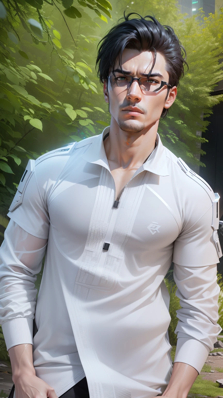 solo, super fine photo, full body photo picture Unreal Engine 5 8K UHD, half black and white color scheme futuristic tight and thick military tactical armor, cyberpunk design, red neon light details, best quality, masterpiece, unified 8k wallpaper, super detailed, sharp focus, handsome