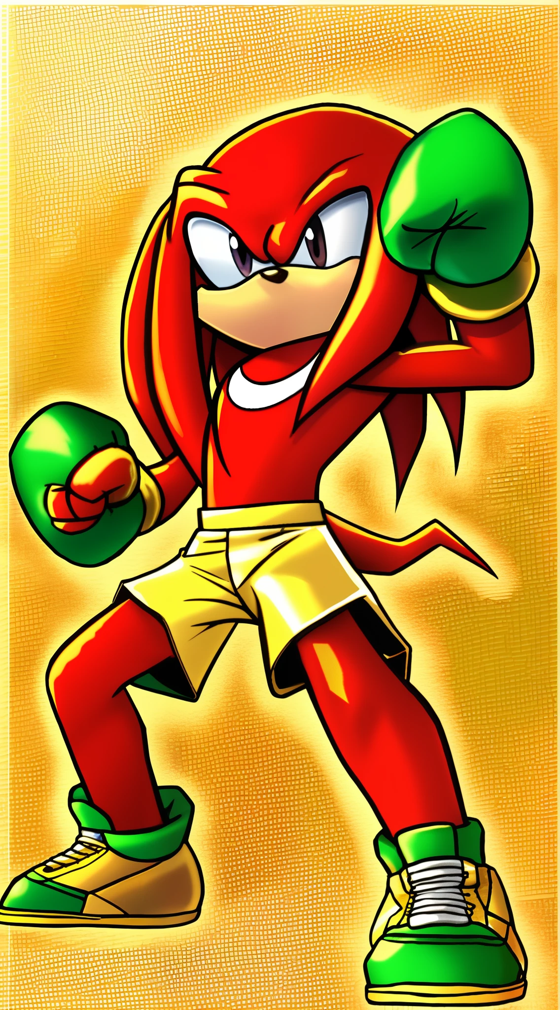 knuckles the echidna as a boxer fighter, golden and green boxer gloves with fine details, white and red boxer pants, black and gold boxer shoes