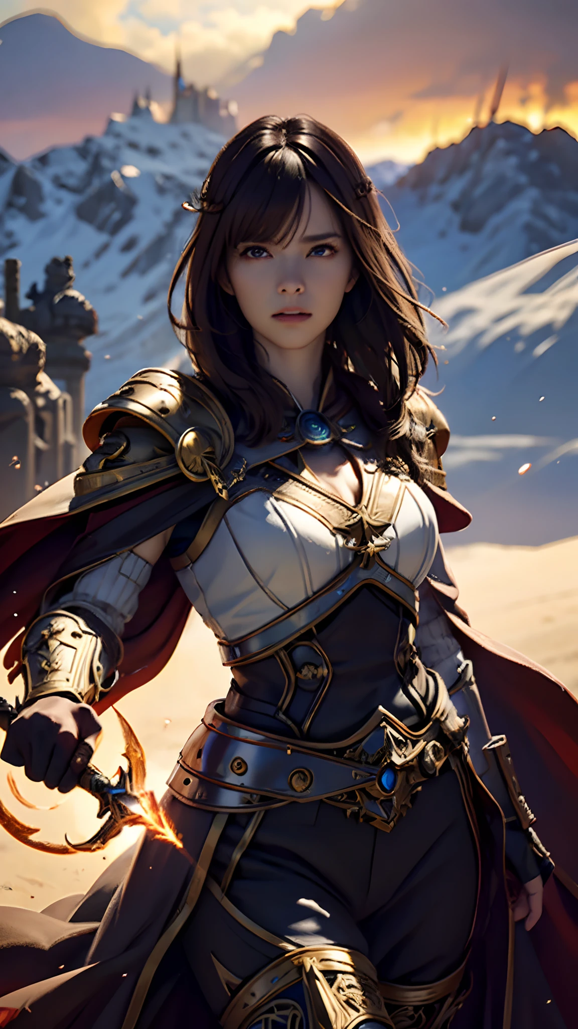 Official Art, Unity 8k Wallpaper, Ultra Detail, Masterpiece, Best Quality, One Woman, (Very Detail), Dynamic Angle, Mystical Expression, Fire Glowing Effect, Fantasy Background, Rim Lighting, Side Light, Cinematic Light, Ultra Definition, 8k UHD, Film Grain,Best Shadow, Delicate, RAW, Light Particles, Detailed Skin Texture, Detailed Gold Armor Texture, Cleavage, Detailed Face, Complex detail, ultra-detailed, bright, strong, white armor, holding a weapon, holding a shield, pole dron, (((brown hair)), very shining black eyes, long red cloak, fantasy, (realistic),