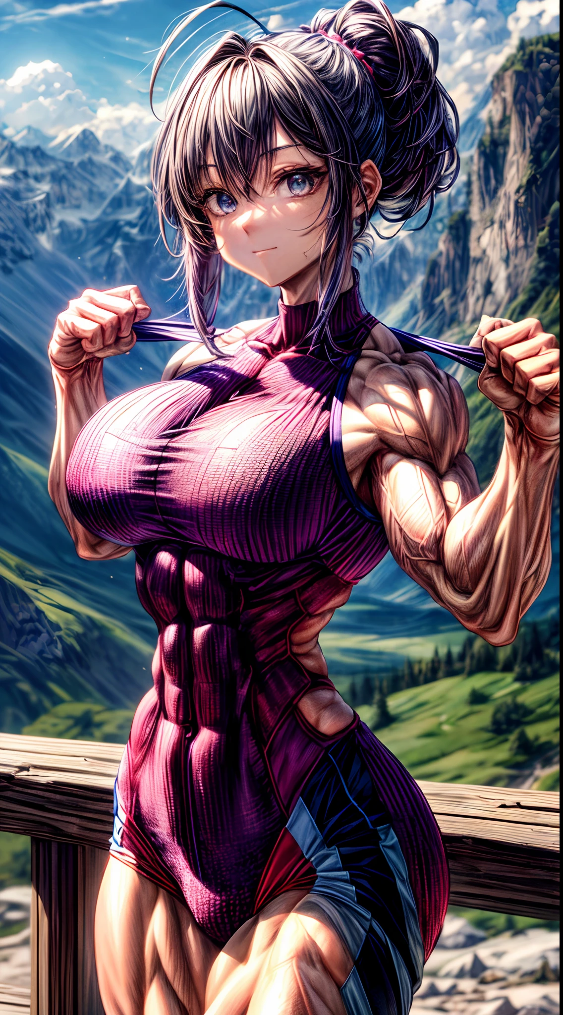 (BEST lighting) , (ultra intricately detailed) , 4K unification, (super-detailed CG: 1.2) , (8K: 1.2),(Original), (Masterpiece) , (Best quality),(Masterpiece:1.4),Anime-ish high quality,(Masterpiece),Masterpiece, Best quality, absurderes,((masterpeace, 4K, 8K, Yes, A high resolution))1girll, She was hiking a mountain，Head to a mountain resort, hiking clothes, Spring, Boots, Perfect figure, Short purple asymmetrical hair, Sweat, Dynamic pose, ((body builder:1.5)),Temple background,(Beautiful bace),(Girl),(Female),(((Upper body:1)))