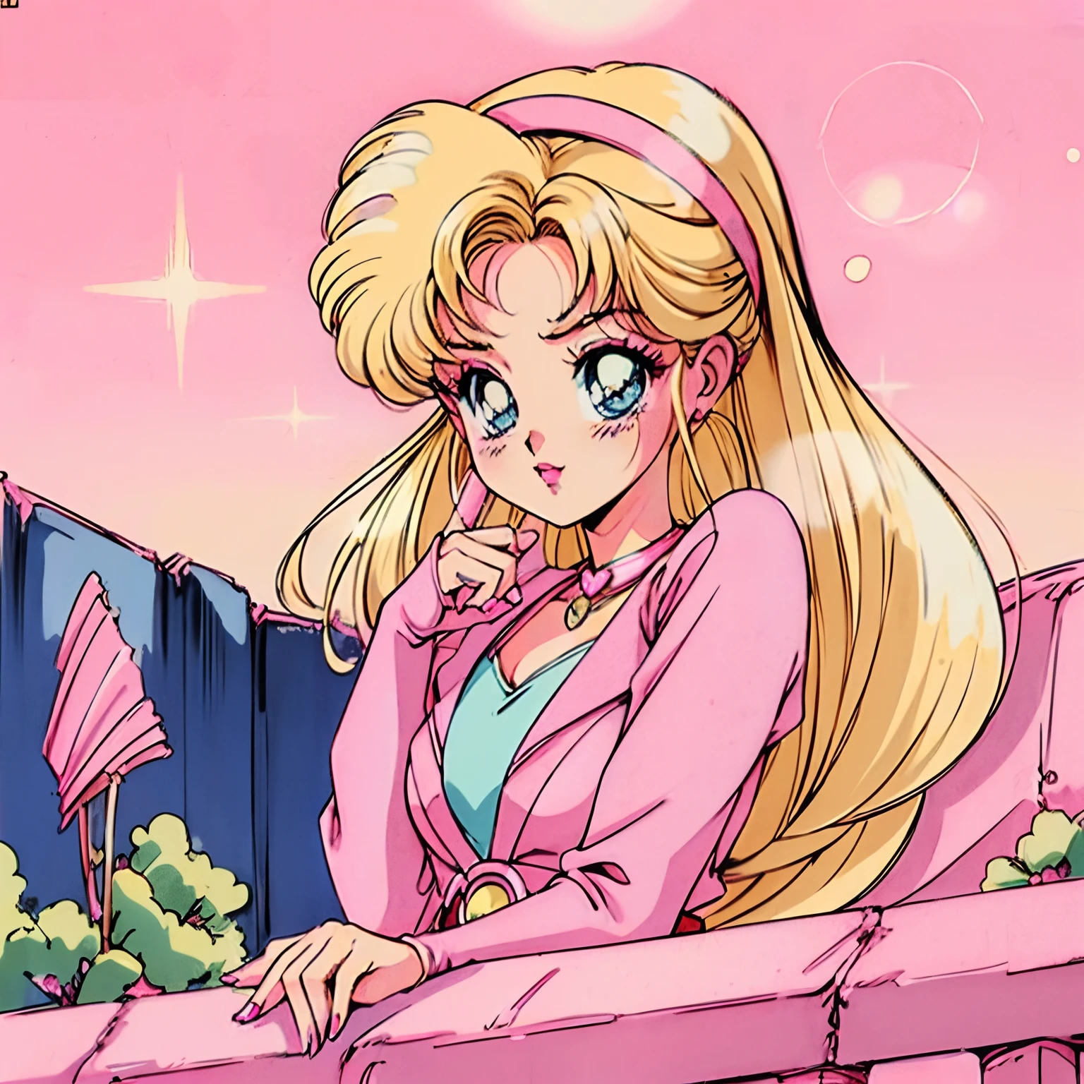 (Blonde Barbie:1.2),(pink outfits:1.1),(vintage 90's:1.1),(romance anime style:1.3)