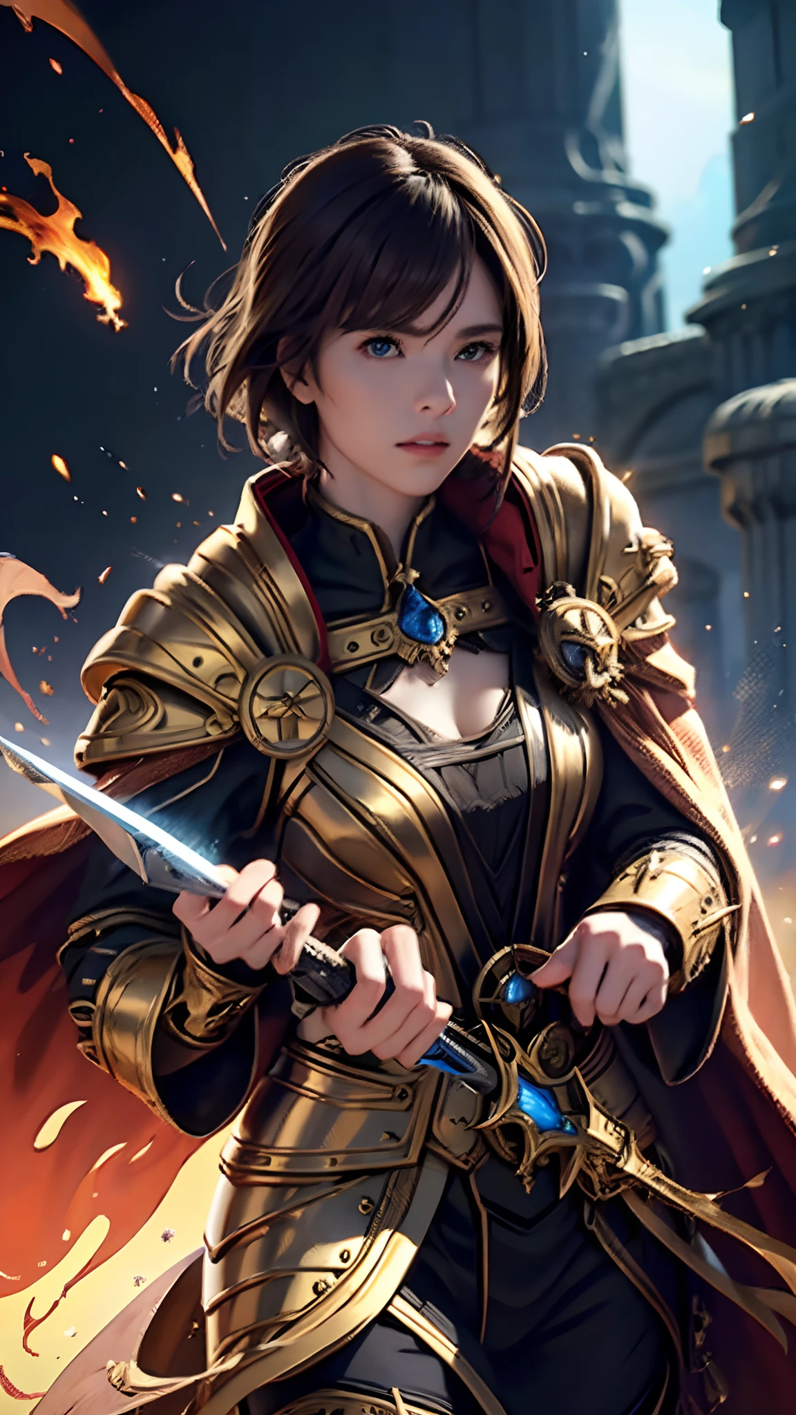 Official Art, Unity 8k Wallpaper, Ultra Detail, Masterpiece, Best Quality, One Woman, (Very Detail), Dynamic Angle, Mystical Expression, Fire Glowing Effect, Fantasy Background, Rim Lighting, Side Light, Cinematic Light, Ultra Definition, 8k UHD, Film Grain,Best Shadow, Delicate, RAW, Light Particles, Detailed Skin Texture, Detailed Gold Armor Texture, Cleavage, Detailed Face, Complex detail, ultra-detailed, bright, strong, white armor, holding a weapon, holding a shield, pole dron, (((brown hair)), very shining black eyes, long red cloak, fantasy, (realistic),