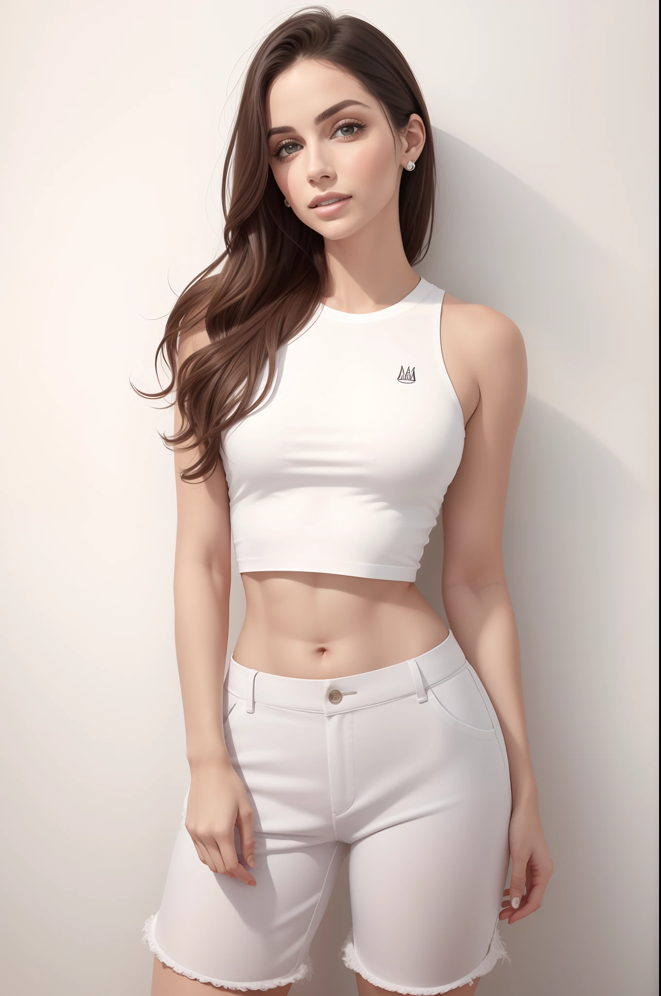 Mulher linda de top branco e shorts cinza posando para uma foto, tampo de cabresto branco, midriff nu, midriff exposto, topo de corte, usando um top cropped sexy, physical : tinyest midriff ever, Bonito midriff, tinyest midriff ever, usando topo de corte, 2 Modelo feminina de 4 anos, Topo de colheita