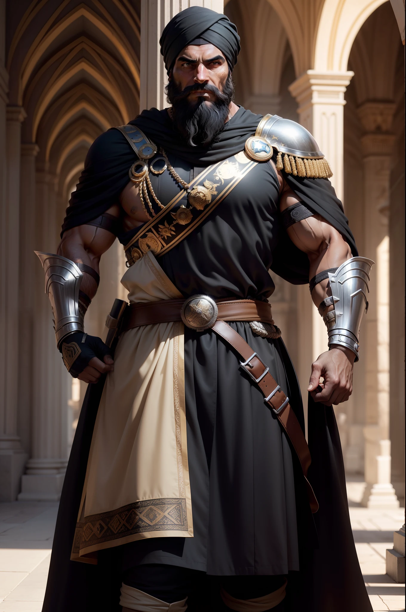 Ultra realistic 8K image of a strong man, dark tanned skin, beard, Arabic features, wearing a black turban, wearing black RPG warrior clothes and silver shoulder pads, standing amidst the shadows of a royal palace corridor, with index finger pointing