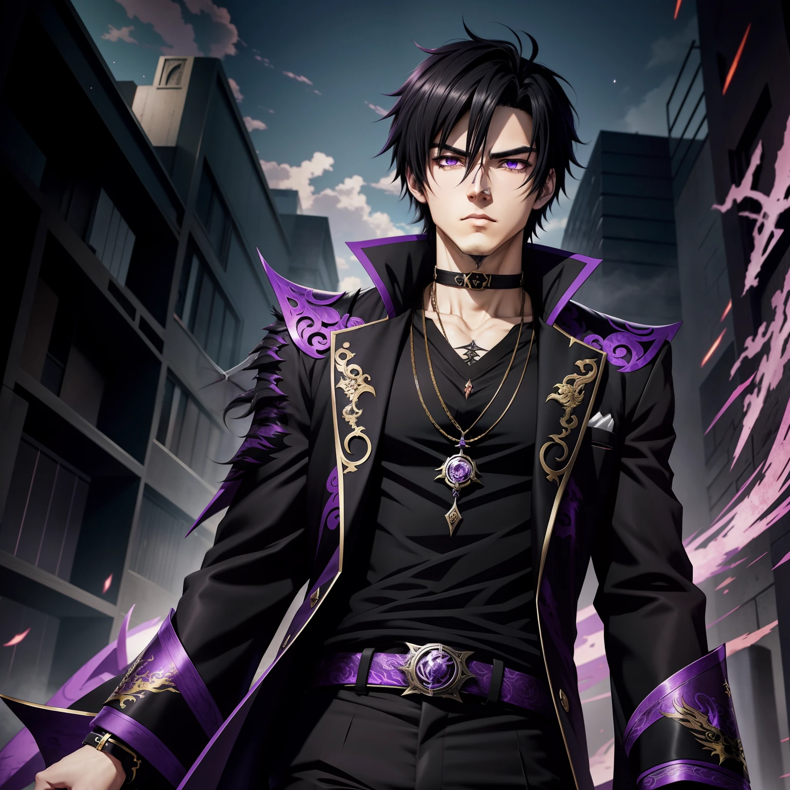 Anime style, male character 23 years old, messy medium black hair, purple dragon eyes, magical scale marks on the lower side of the eyes, with an arrogant look, dark clothes with noble details,
