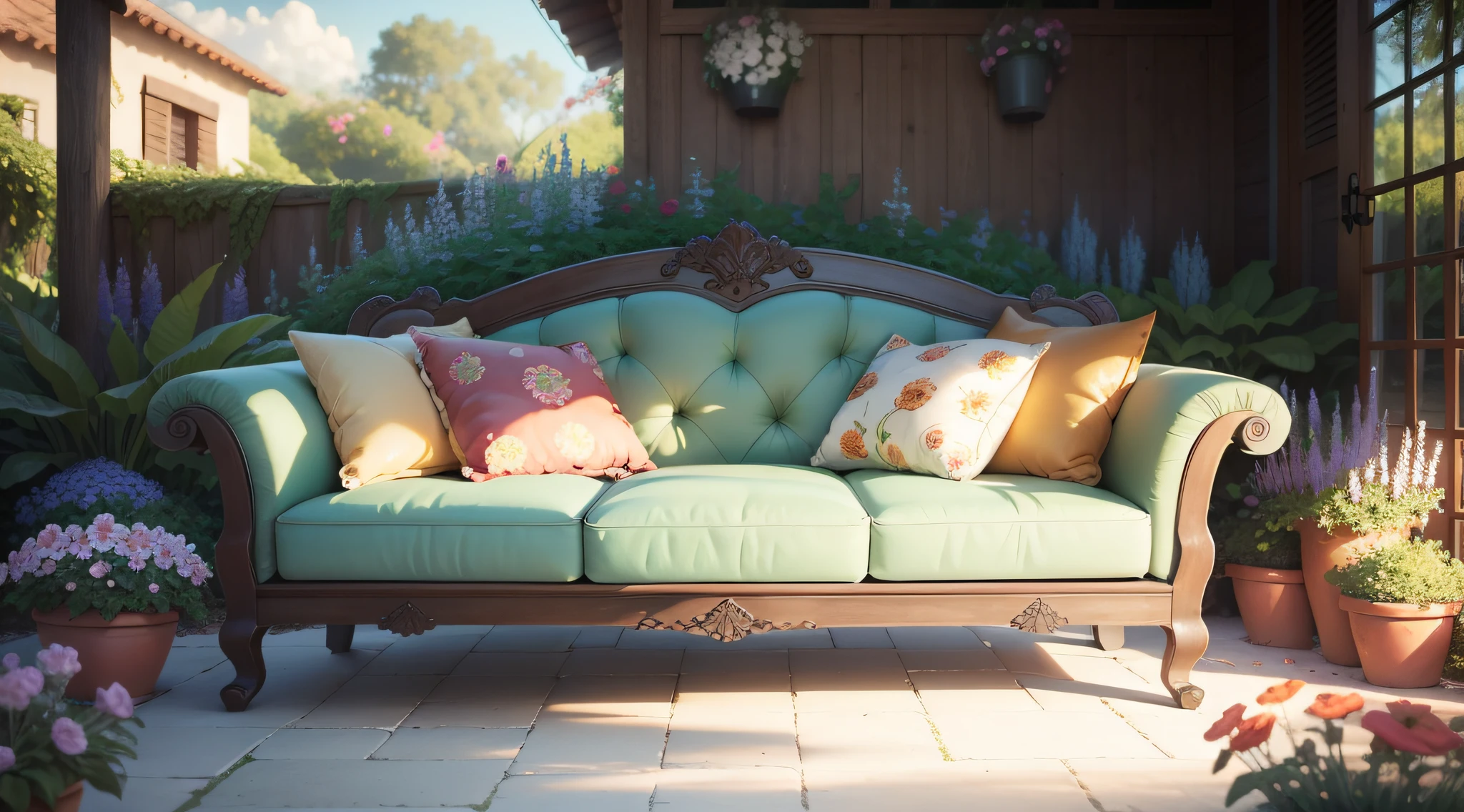 A handmade garden sofa with several many flowers,babosa,samambaia,vaso artesanal