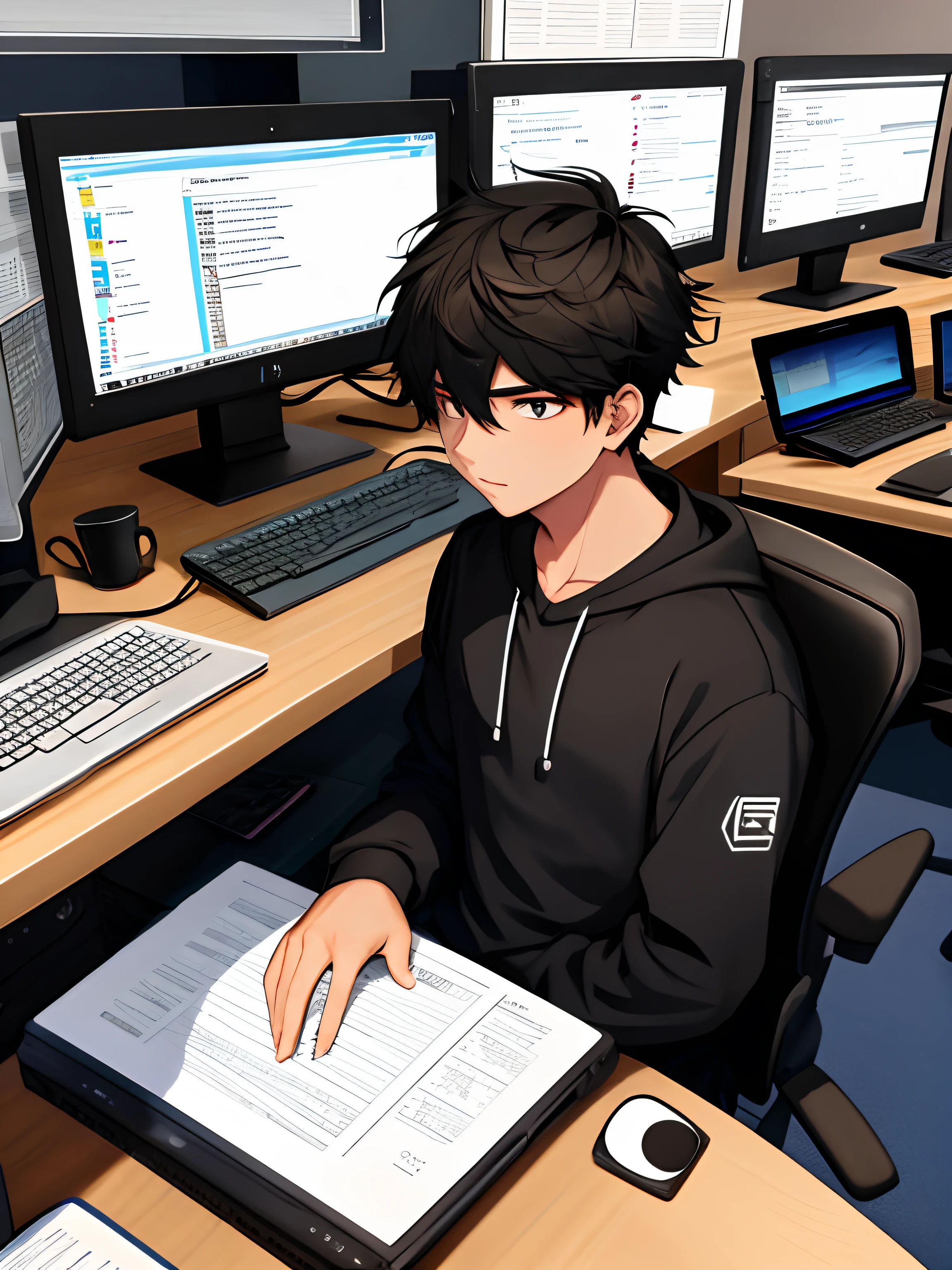 A 25-year-old boy, table, computer, code