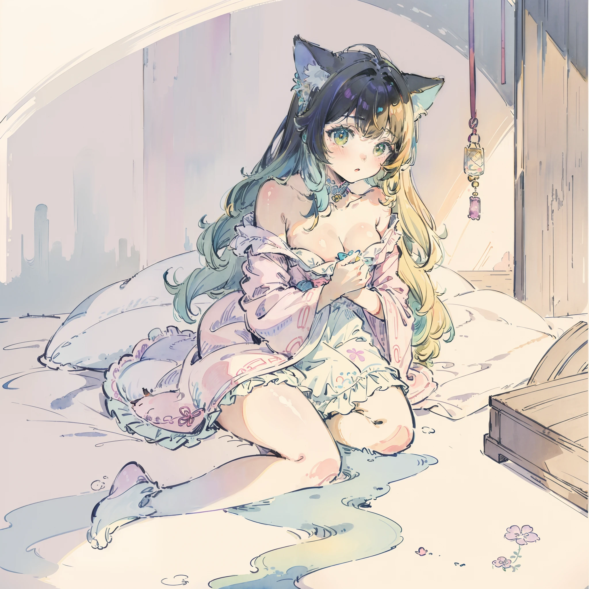 Cat((Take a cute cat 1.2))Cute as a dream、(masterpiece、top-quality、top-quality、watercolor paiting(Curly)、Take a cute cat、Official art、Beautifully Aesthetic:1.2)、(a beauty girl:1.3)、patterns、(rainbow-colored hair、colourful hair:1.2)、Soap bubbles、Rainbow behind、clouds、colourfull、Soap bubbles、Hair spreads throughout、kawaii、pastels、Large ribbon、Lovely room、Rainbow Cat Plush Toy