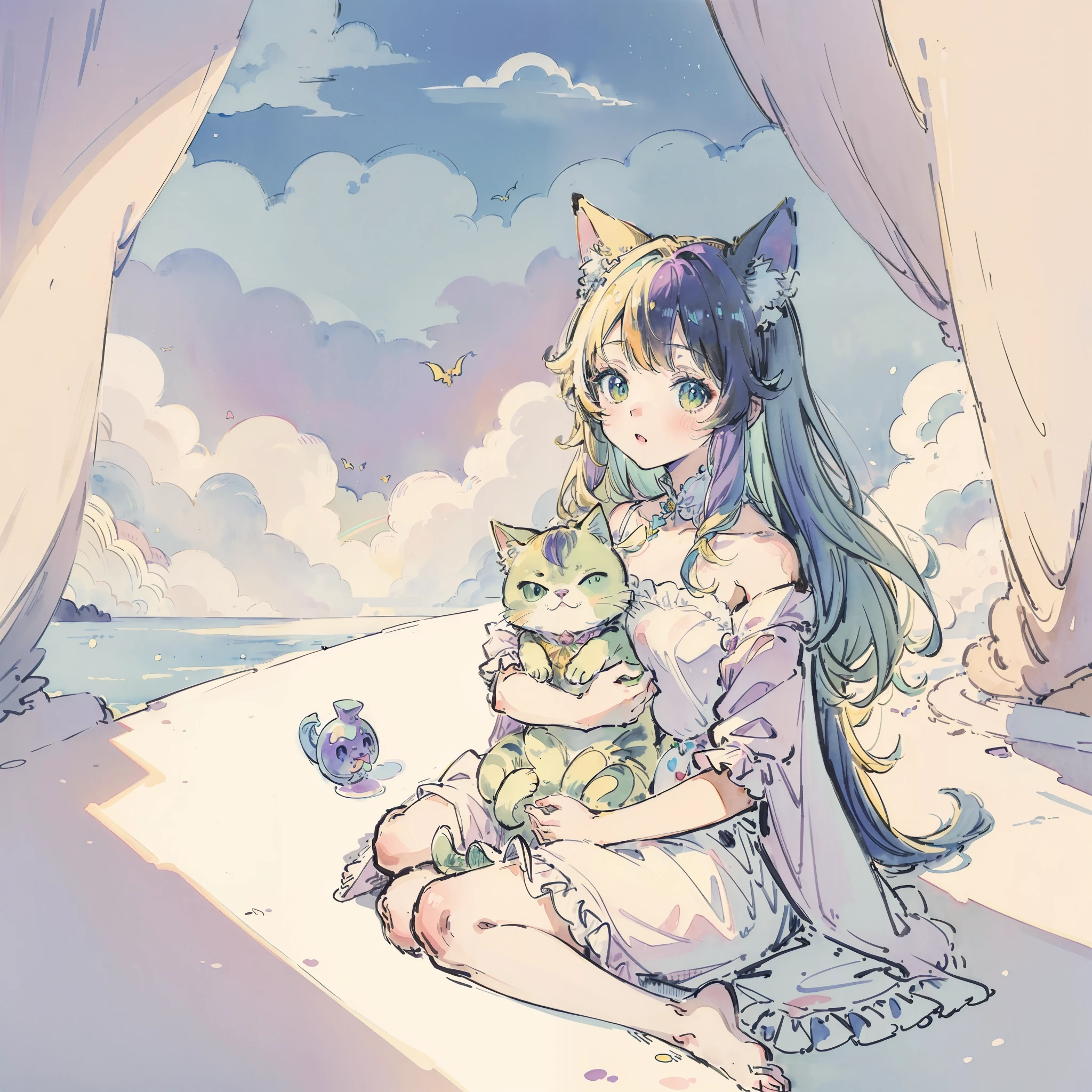 Cat((Take a cute cat 1.2))Cute as a dream、(​masterpiece、top-quality、top-quality、watercolor paiting(Curly)、Take a cute cat、Official art、Beautifully Aesthetic:1.2)、(a beauty girl:1.3)、patterns、(rainbow-colored hair、colourful hair:1.2)、Soap bubbles、Rainbow behind、​​clouds、colourfull、Soap bubbles、Hair spreads throughout、kawaii、pastels、Large ribbon、Lovely room、Rainbow Cat Plush Toy