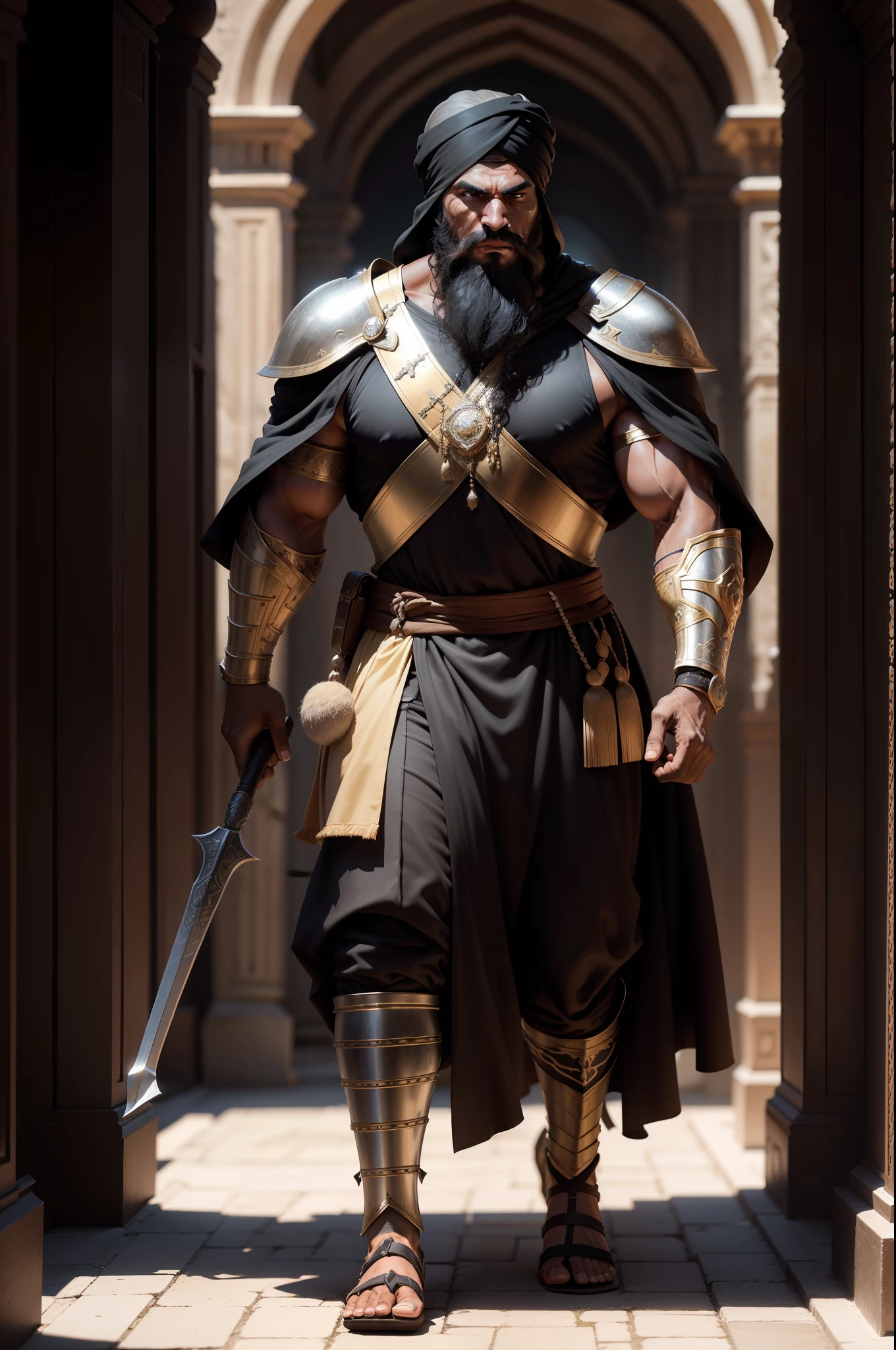 Ultra realistic 8K image of a strong man, dark tanned skin, beard, Arabic features, wearing a black turban, wearing black RPG warrior clothes and silver shoulder pads, standing amidst the shadows of a royal palace corridor, with index finger pointing