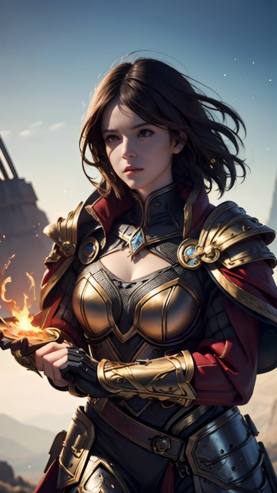 Official Art, Unity 8k Wallpaper, Ultra Detail, Masterpiece, Best Quality, One Woman, (Very Detail), Dynamic Angle, Mystical Expression, Fire Glowing Effect, Fantasy Background, Rim Lighting, Side Light, Cinematic Light, Ultra Definition, 8k UHD, Film Grain,Best Shadow, Delicate, RAW, Light Particles, Detailed Skin Texture, Detailed Gold Armor Texture, Cleavage, Detailed Face, Complex detail, ultra-detailed, bright, strong, white armor, holding a weapon, holding a shield, pole dron, (((brown hair)), very shining black eyes, long red cloak, fantasy, (realistic),