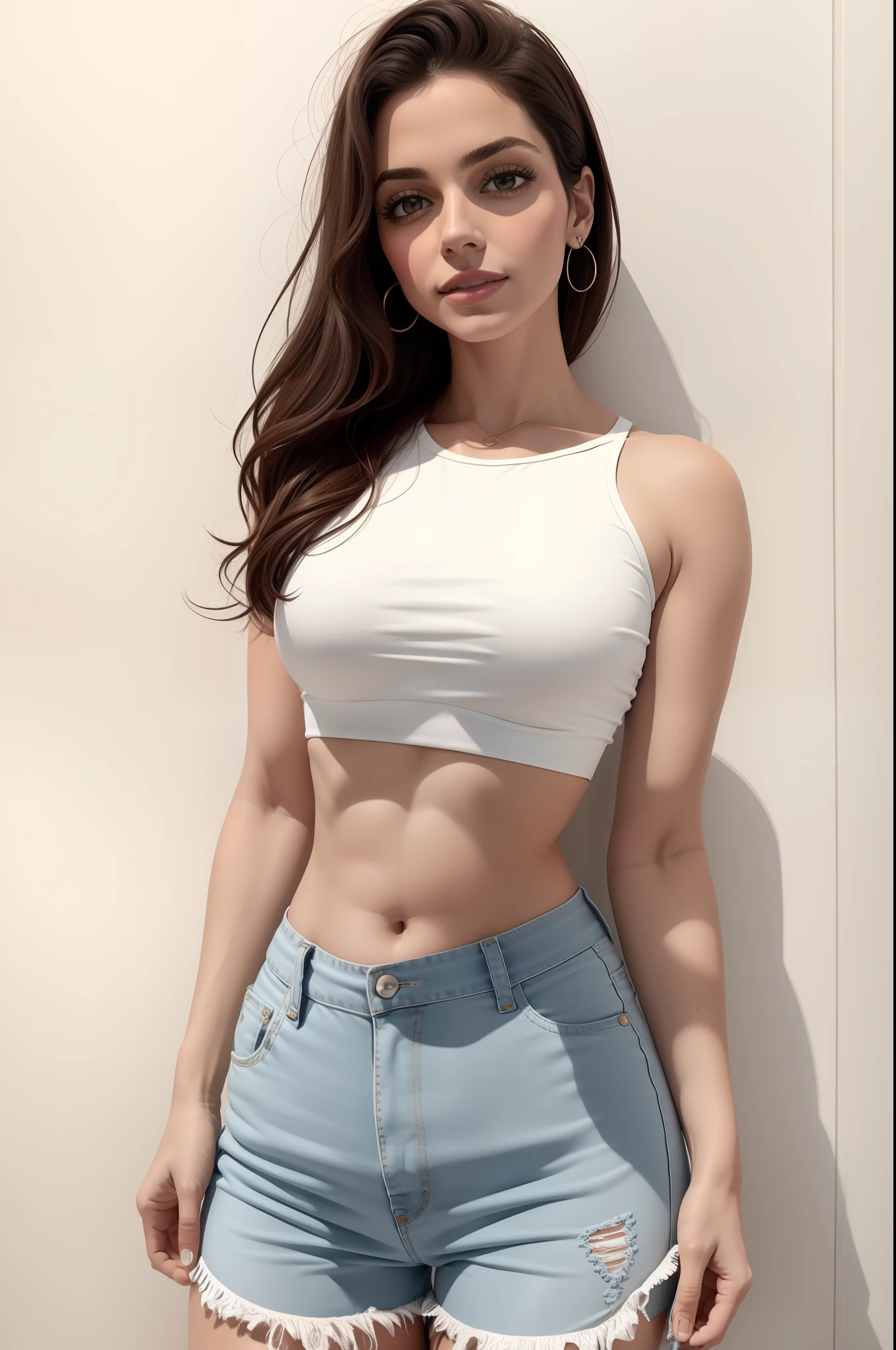 Mulher linda de top branco e shorts cinza posando para uma foto, tampo de cabresto branco, midriff nu, midriff exposto, topo de corte, usando um top cropped sexy, physical : tinyest midriff ever, Bonito midriff, tinyest midriff ever, usando topo de corte, 2 Modelo feminina de 4 anos, Topo de colheita