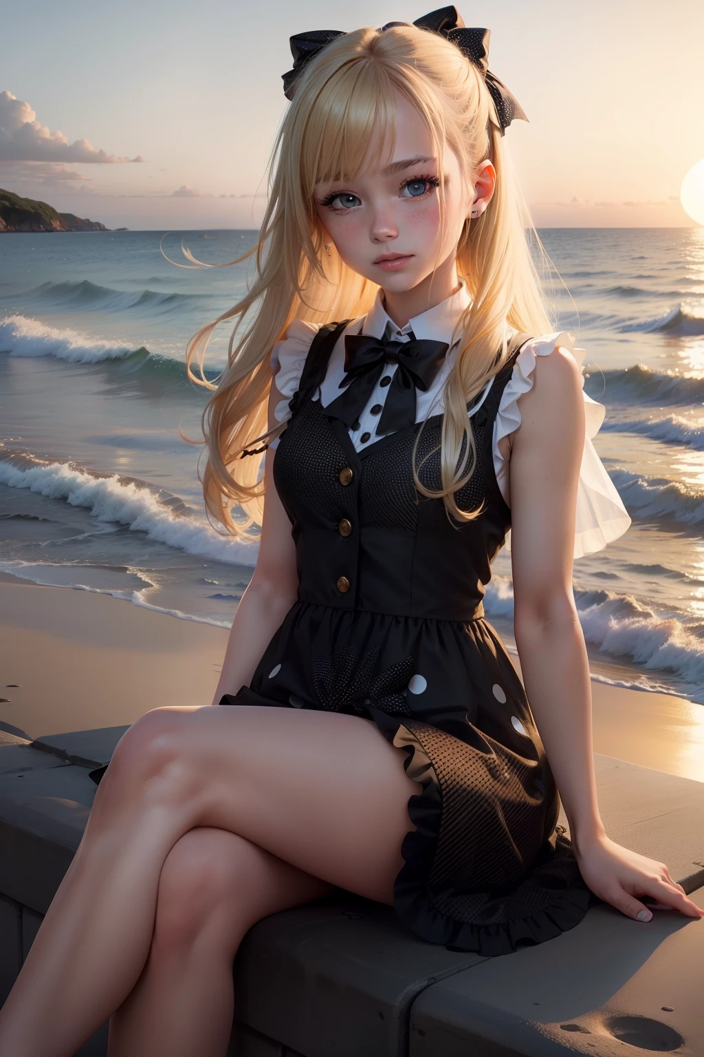 A blonde haired girl wears a black bar polka dot,Vest design dress with bow on the back sitting by the sea,The golden sunset sprinkled on hers