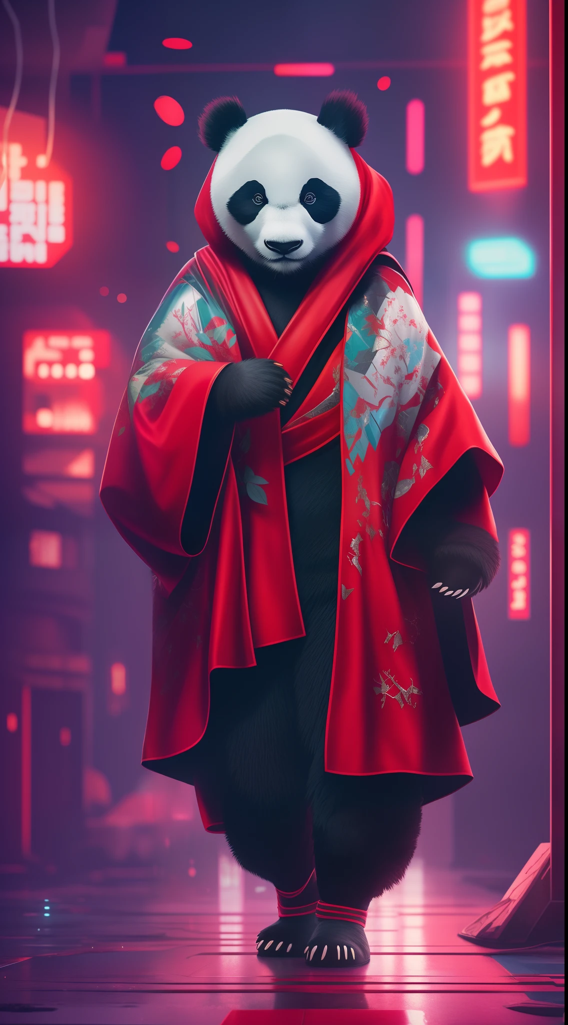 a panda bear dressed in a red robe and a red scarf, cyberpunk art by Beeple, trending on cgsociety, fantasy art, trending on cgsociety art, [ trending on cgsociety ]!!, trending in cgsociety, trending on artstation:3, trending on artstation hq, trending on artstation.', wojtek fus, cgsociety saturated colors