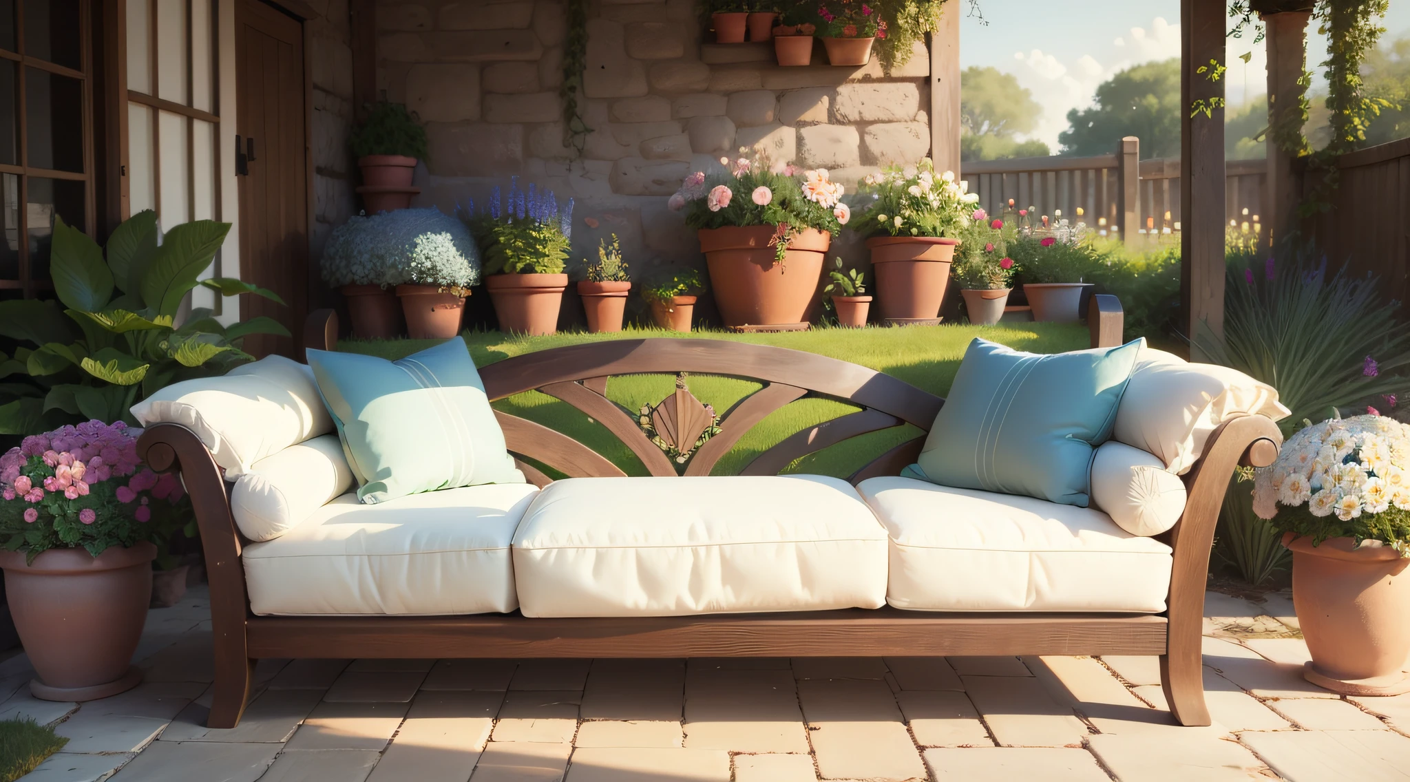 A handmade garden sofa with several many flowers,babosa,samambaia,vaso artesanal