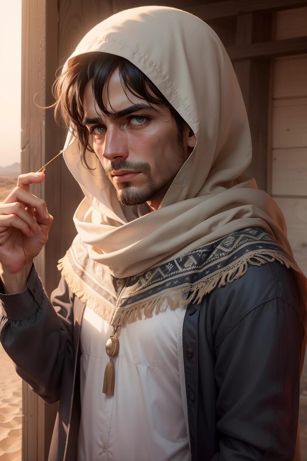 /imagem prompt (alta resolução, fotorrealista, melhor qualidade) A sad man of Bedouin origin, aparentando seus cinquenta anos, com suas vestes outrora nobre, rasgados e sujos. Chora sem parar e suja seus cabelos com a areia do deserto.