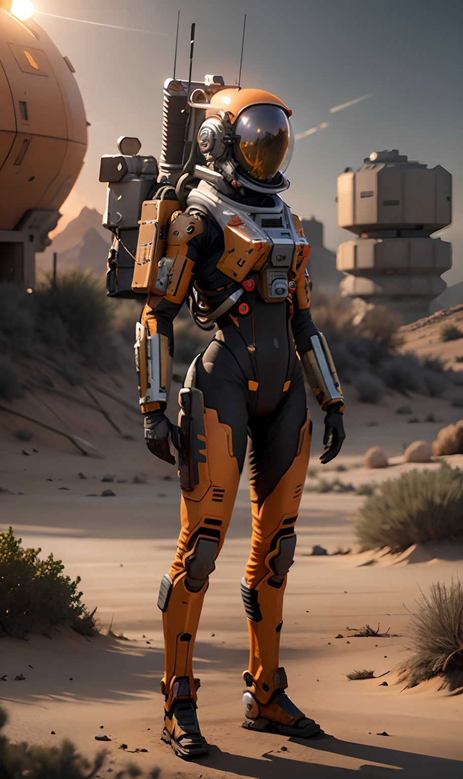 kit bashing, alien landscape, jungle, solitary female astronaut, radio dish antenna, Tangerine Orange, utility belt, Pebble Gray Chrome, sci-fi, masterpiece, 16k, UHD, HDR, the best quality, body-tight suit, intricate, the most fantastic details, cinematic composition, dramatic lighting, full body, celestial bodies in the sky, dead trees, dry bushes, realistic reflections, sunset, a military compound, to scale, lonely, sad, dynamic posture