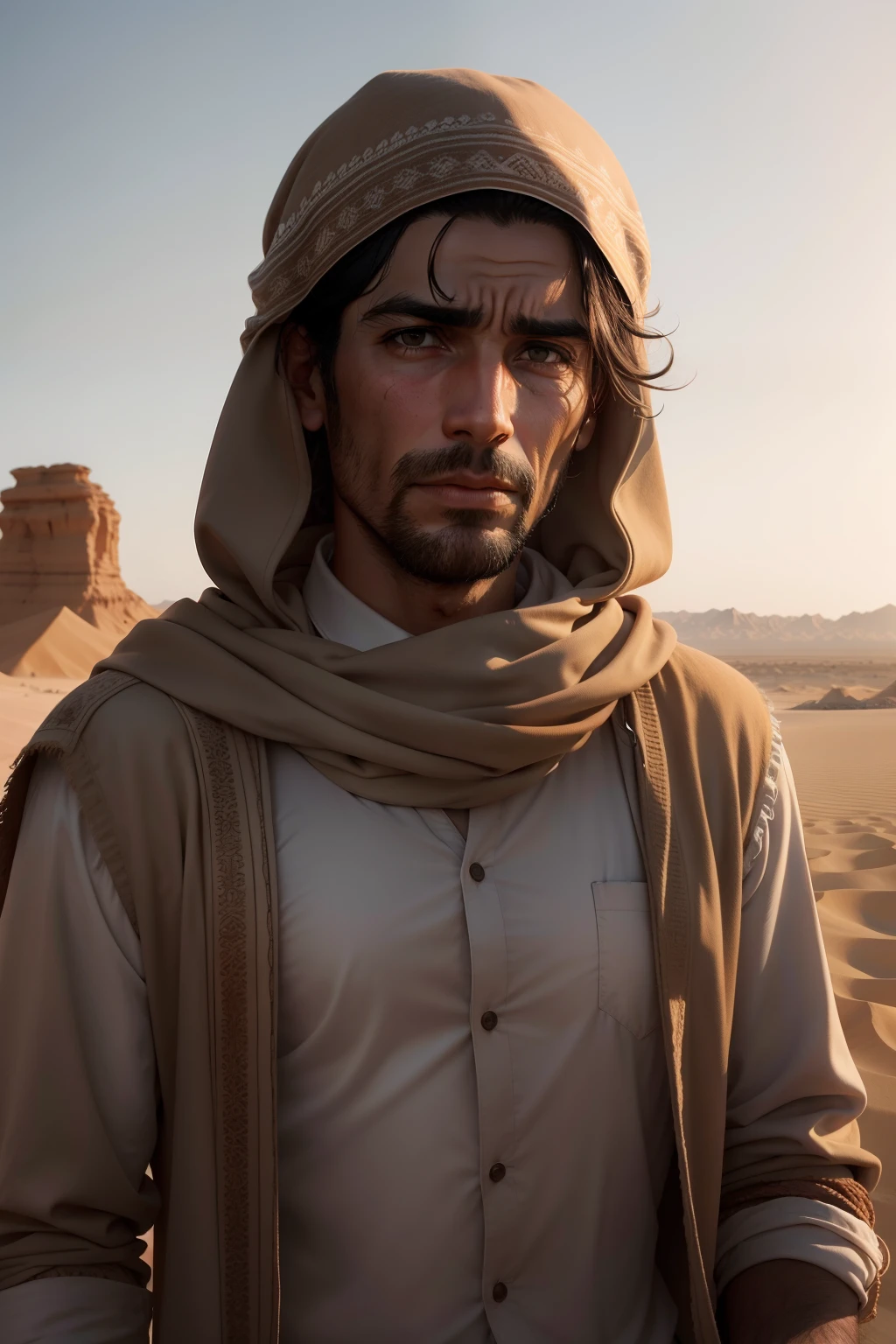 /imagem prompt (alta resolução, fotorrealista, melhor qualidade) A sad man of Bedouin origin, aparentando seus cinquenta anos, com suas vestes outrora nobre, rasgados e sujos. Chora sem parar e suja seus cabelos com a areia do deserto.