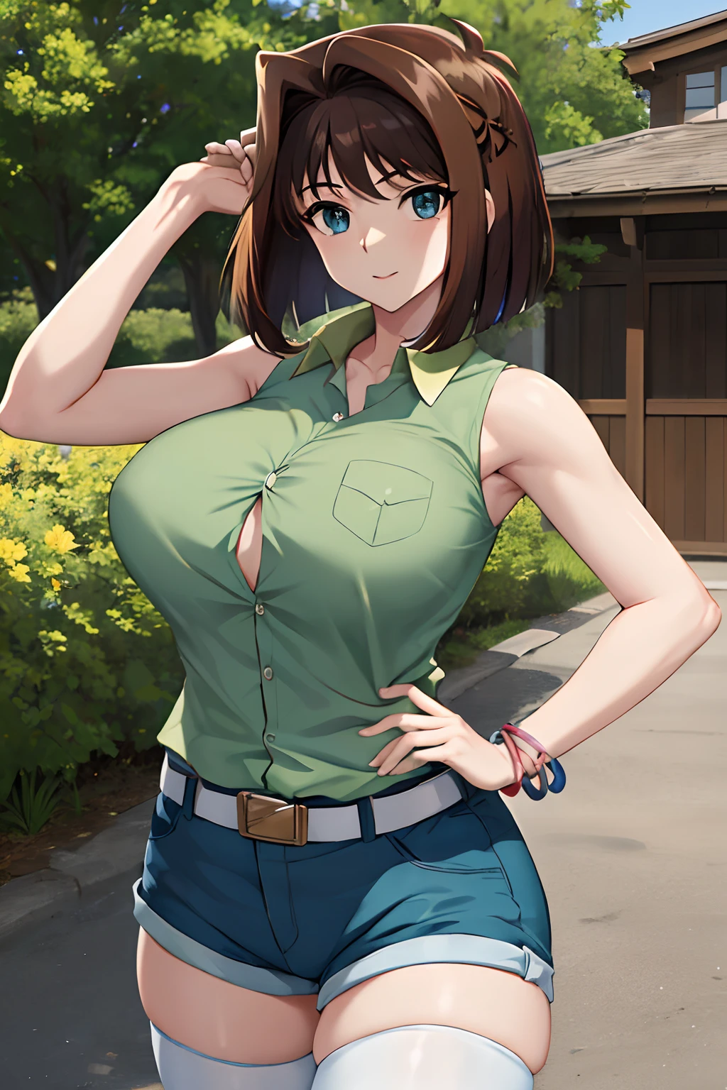 masterpiece, best quality, highres, aamazaki, (antenna hair:1.2), huge breasts, green shirt, sleeveless, bracelet, belt, blue shorts, white thighhighs, cowboy shot, standing, outdoors,