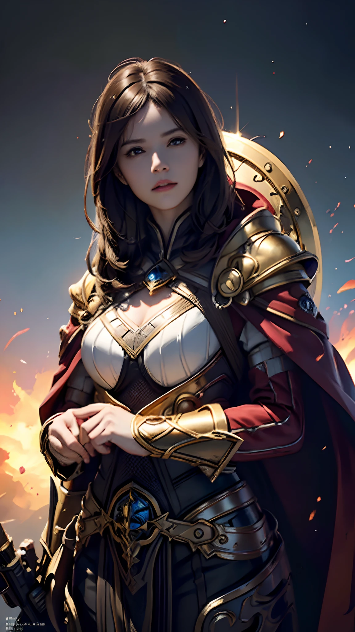 Official Art, Unity 8k Wallpaper, Ultra Detail, Masterpiece, Best Quality, One Woman, (Very Detail), Dynamic Angle, Mystical Expression, Fire Glowing Effect, Fantasy Background, Rim Lighting, Side Light, Cinematic Light, Ultra Definition, 8k UHD, Film Grain,Best Shadow, Delicate, RAW, Light Particles, Detailed Skin Texture, Detailed Gold Armor Texture, Cleavage, Detailed Face, Complex detail, ultra-detailed, bright, strong, white armor, holding a weapon, holding a shield, pole dron, (((brown hair)), very shining black eyes, long red cloak, fantasy, (realistic),