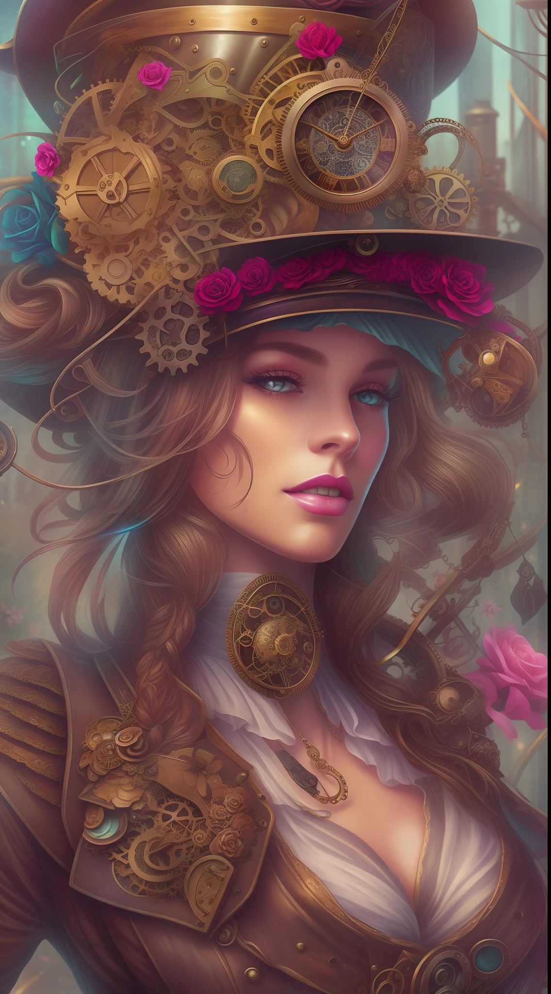 a close up of a woman wearing a hat with flowers on it, steampunk aesthetic, colorful sci-fi steampunk, digital steampunk art, rococo cyberpunk, vivid steampunk concept, steampunk digital art, steampunk art, steampunk fantasy style, clockwork woman, fantasy victorian art, alice in wonderland cyberpunk, steampunk hat, steampunk cyberpunk, steampunk fantasy, high quality steampunk art