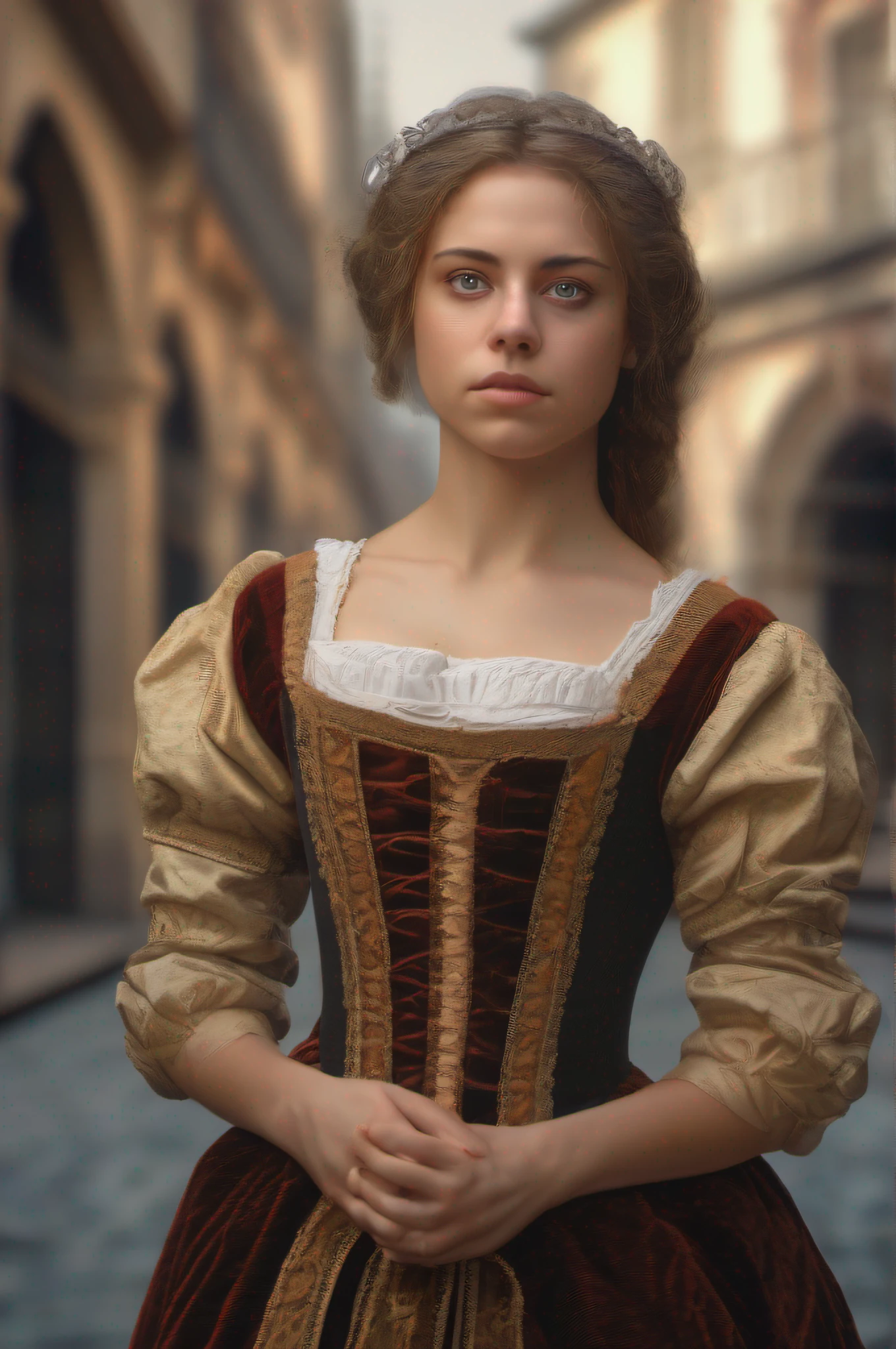 portrait of a young woman in a Renaissance costume, street background,
serious look, Perfect detailed, symmetrical eyes, detailed gorgeous face,
Fairytale view, Extremely realistic, intricate artwork, station art,
Rafael Umbrias, Octane Render, Remrand Light, postprocessed,
Perfect composition, oil painting, cinematic realism,
Masterpiece, sharp-focus, 8K