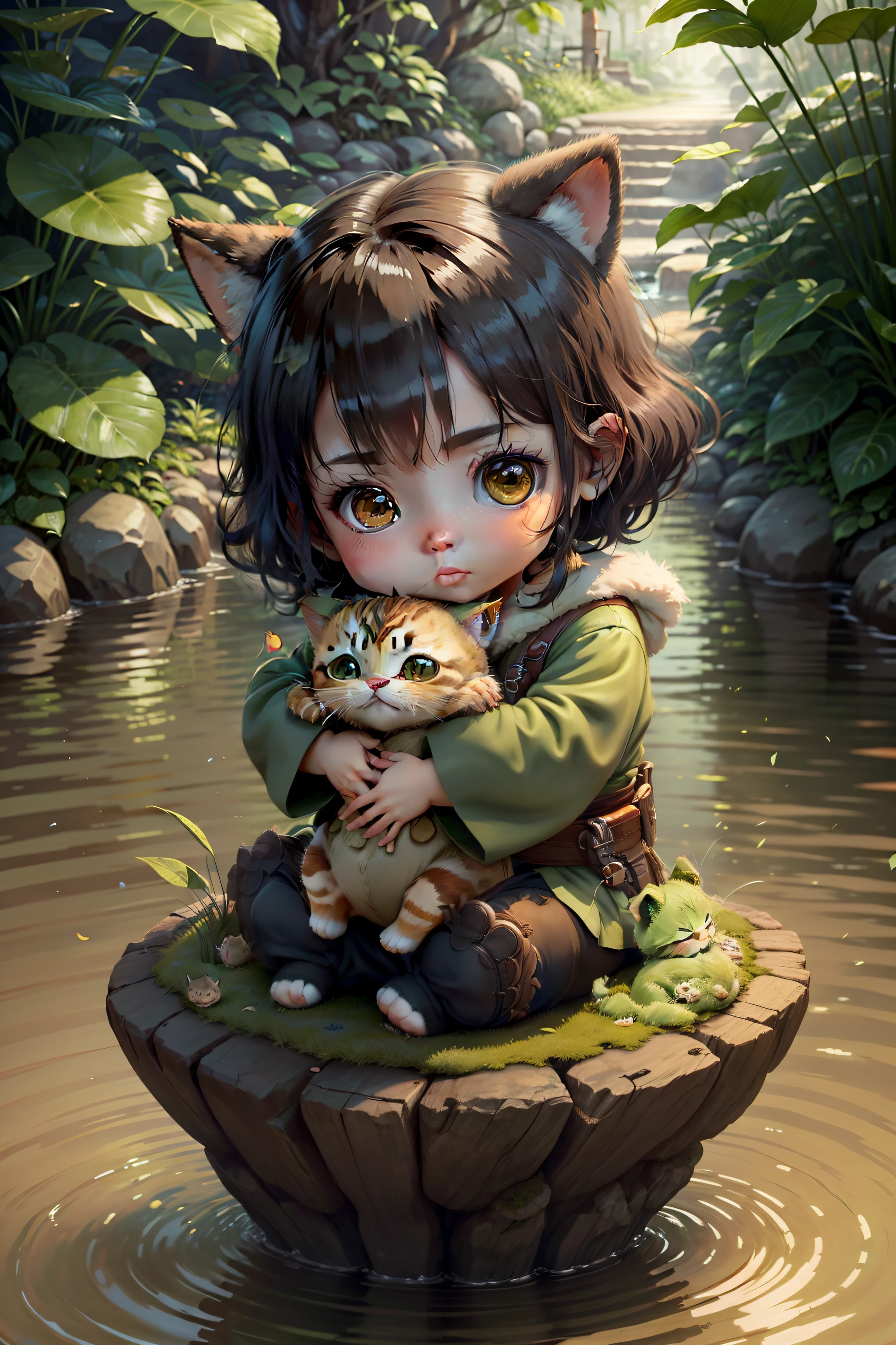 cats,Matcha brown,a plush,largeeyes, Gentle light, Full of petals, small bridge flowing water, Warm atmosphere
