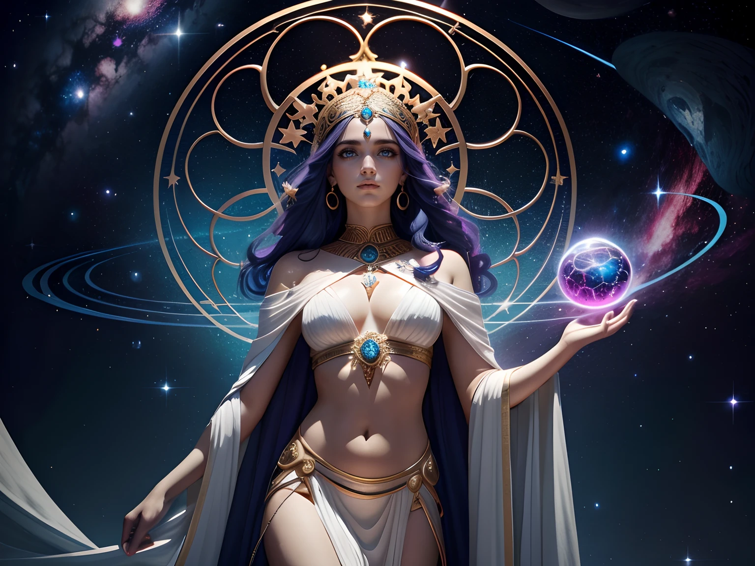 Ananke, as Primordial Goddess of Greek mythology, It has an ethereal and slender figure, su cuerpo irradia una luminosidad divina, su piel de alabastro resplandece con un tenue fulgor dorado. Su rostro ostenta una serenidad inmutable, sus ojos profundos son del color del cosmos mismo, sus labios portan un suave tono rosado. Su cabello largo y fluido fluye en cascadas plateadas, enmarcando su semblante. He wears a robe woven with threads of time and stars, que se entrelazan en patrones misteriosos, y porta una diadema de constelaciones sobre su frente. En su mano derecha sostiene el Ancla del Destino, mientras que en la izquierda porta el Hilo de la Existencia. Todo este esplendor se desarrolla en el vasto escenario de un abismo estelar, where galaxies revolve in worship of their presence. Ananke personifies inevitability and cosmic order, He is the embodiment of the inexorable destiny that guides gods and mortals through the fabric of time., reminding them of their interconnectedness with the universe itself.