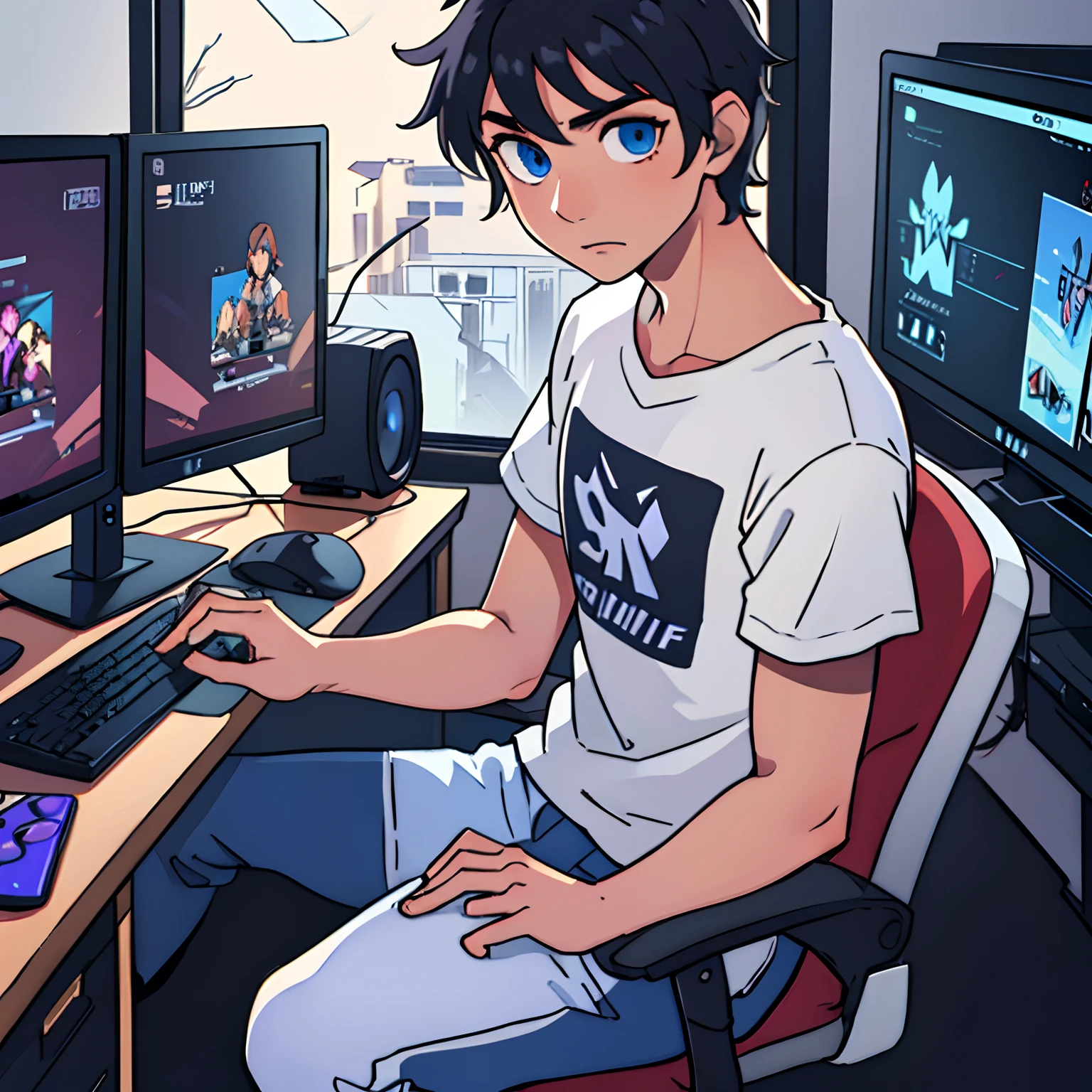 Best quality: 1.0), (Super High Resolution: 1.0), Anime boy, short black hair, blue eyes, sitting in front of computer playing games, background in esports room,