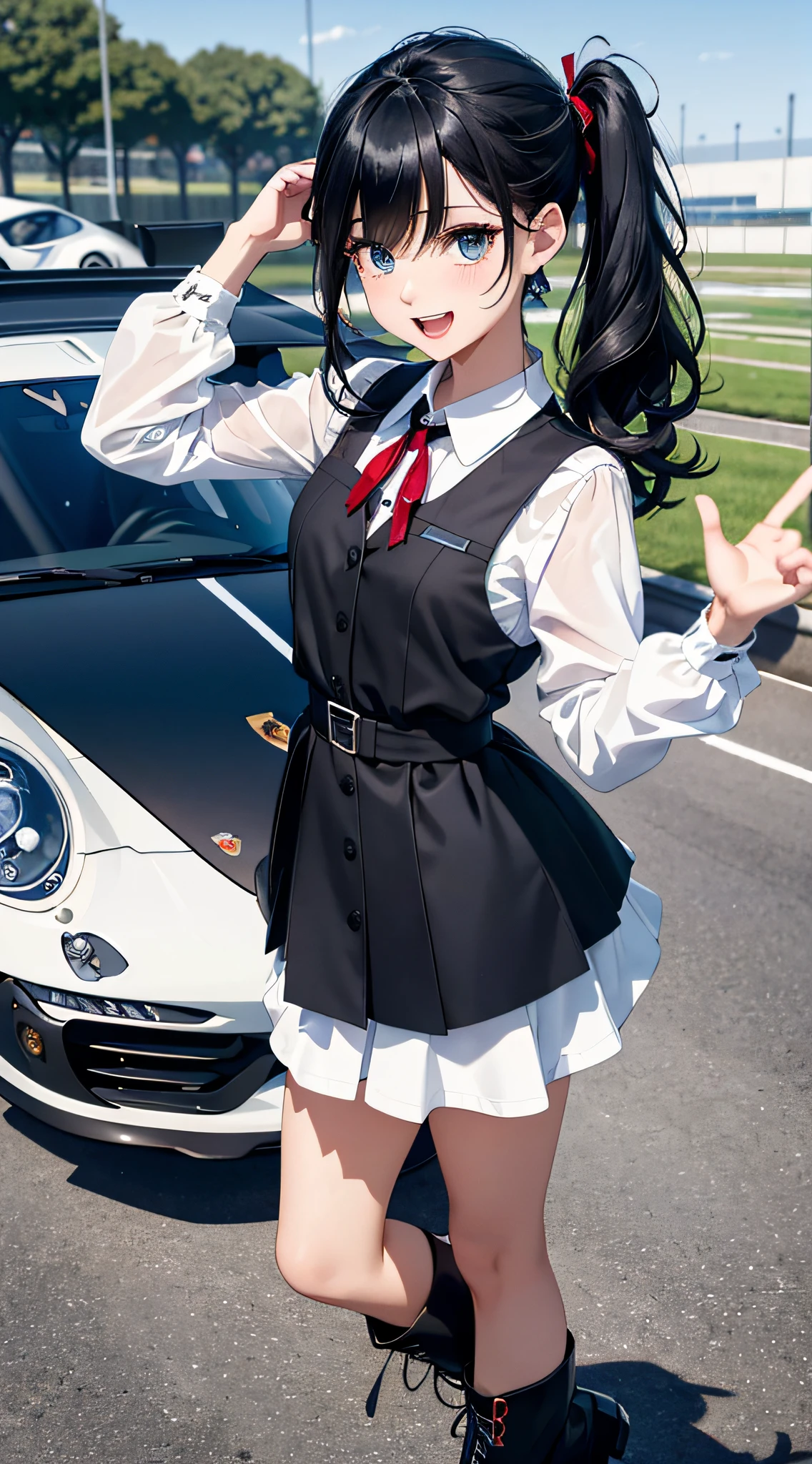 (top-quality、in 8K、32K、masterpiece、nffsw、ighly detailed、Impresionismo、Photorealsitic:1.2)、Full body, (sports car on the background、Porsche 911:1.4)、Circuit field、deep-shadows、detailed faces and eyes、beauitful face、blurry backround、25 year old beauty、shinny skin, Beautiful wavy black hair、Side Ponytail、Blue eyes、beauitful face、Bright lace queen outfit、a miniskirt、wearing boots、Absolute Area、Tie your hair with a big red ribbon、Curve、raise arms、Opens mouth and laughs