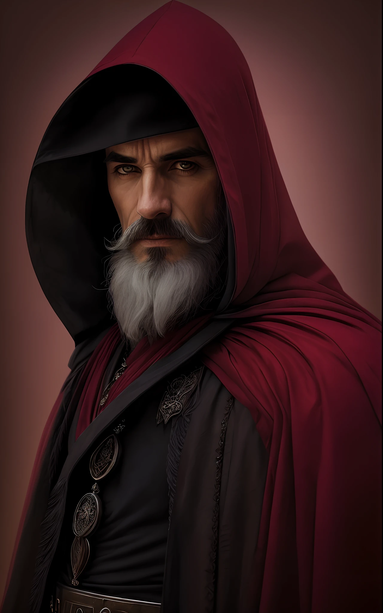 um close up de um homem com barba e capa, retrato closeup de um mago, Retrato de um Mago, Retrato de um feiticeiro vermelho, retrato do personagem da fantasia, mago masculino, Personagem altamente detalhado, retrato detalhado do caractere, Retrato de um bruxo, Retrato de Merlin, epic character portrait, personagem de fantasia hiperdetalhado, Velho Archmage masculino, picture of a male cleric