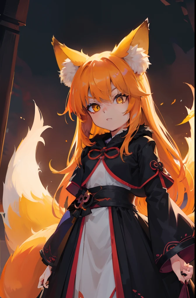 Volumetric Lighting, Best Shadows, Portrait Of Stunningly Beautiful Girl, Petite, Delicate Beautiful Attractive Face With Alluring Yellow Eyes, Small chest, small breasts, Short orange hair, , Thick , Slim Waist, Standing, (Highest Quality, Amazing Details:1.25), Brilliant Colorful Paintings, anime character dressed a dress with a fox tail, fox nobushi, kitsune, kitsune, kemono, a beautiful fox lady, a beautiful kitsune woman, goth makeup, goth clothes, full body, portrait