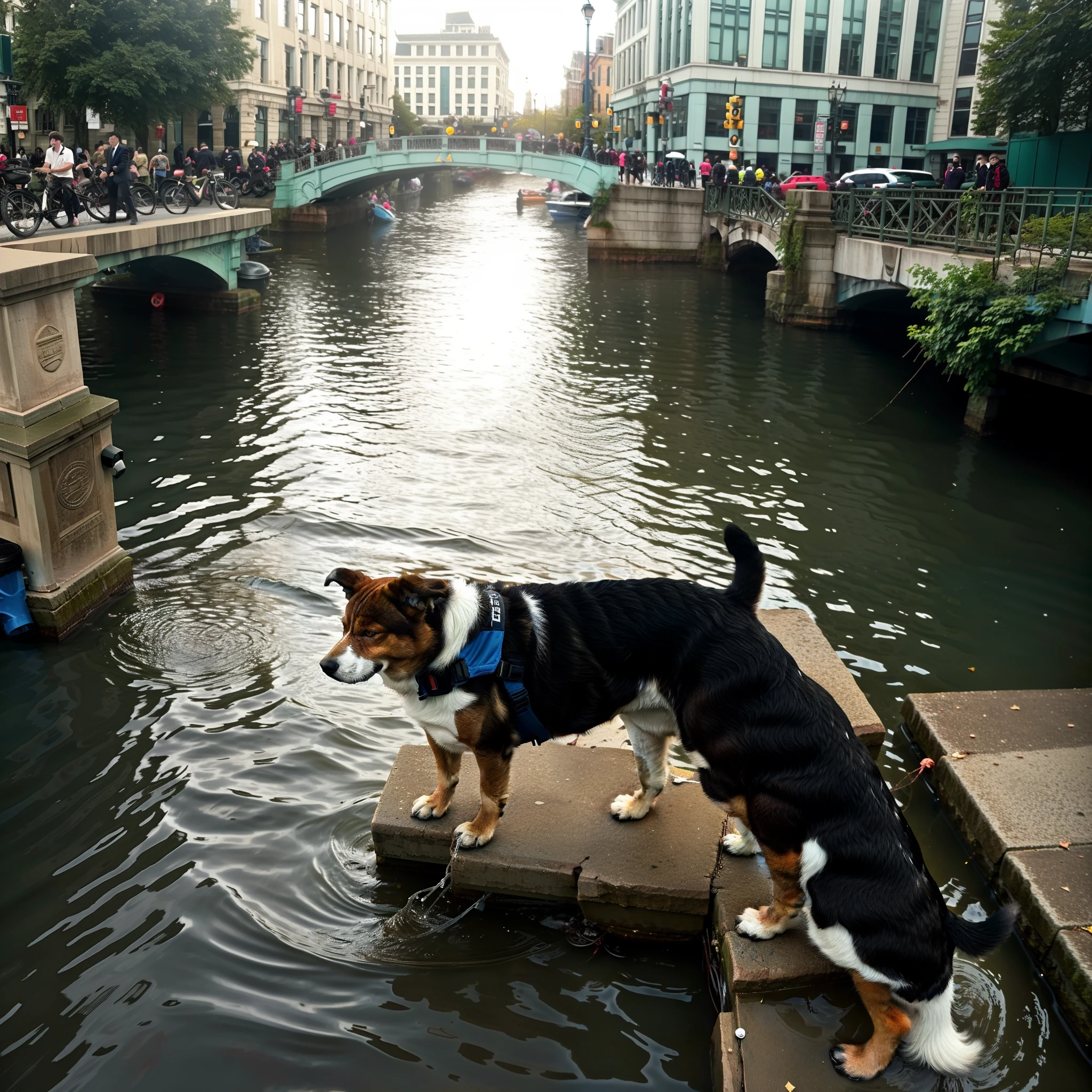 There was a dog standing in the water near the bridge, floating over a city sidewalk, author：Daniel Geron, by Daniel Seghers, author：John Ragatta, amazing photo, subject: doggy, Incredible perspective, author：Kuno Weber, author：Jacob Galmain, amazingly composed image, wandering in the city, author：Alexander Kosis