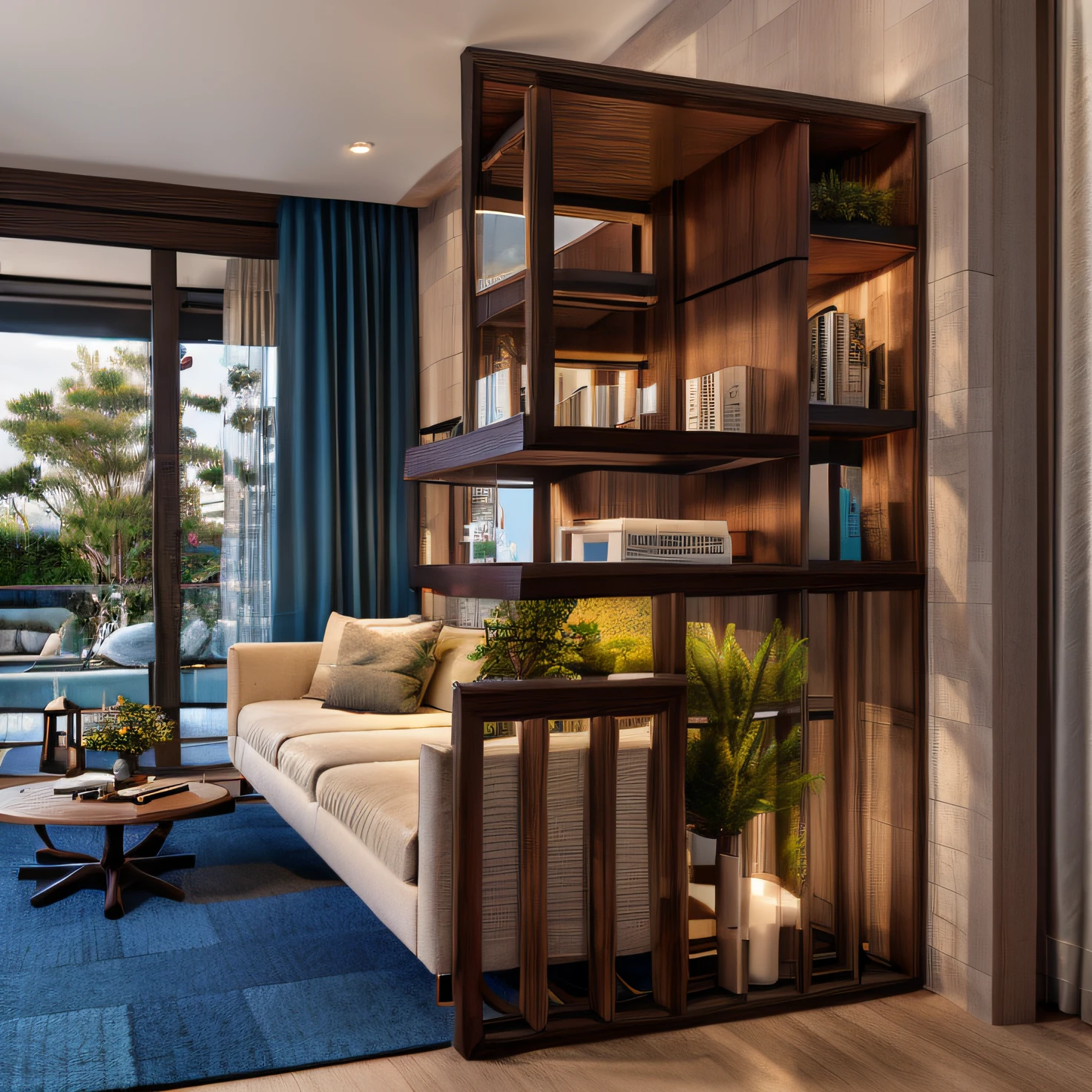 Living room with a beige fluffy couch and pillows, beige and blue pillow carpet, spotlights on roof, inox coffee table, wall with black frames wooden perforated divider on foreground, dark blue curtains on background, designed for cozy aesthetics, delicate patterned carpet, wooden floor plank, playful and cheerful shot, natural realistic render