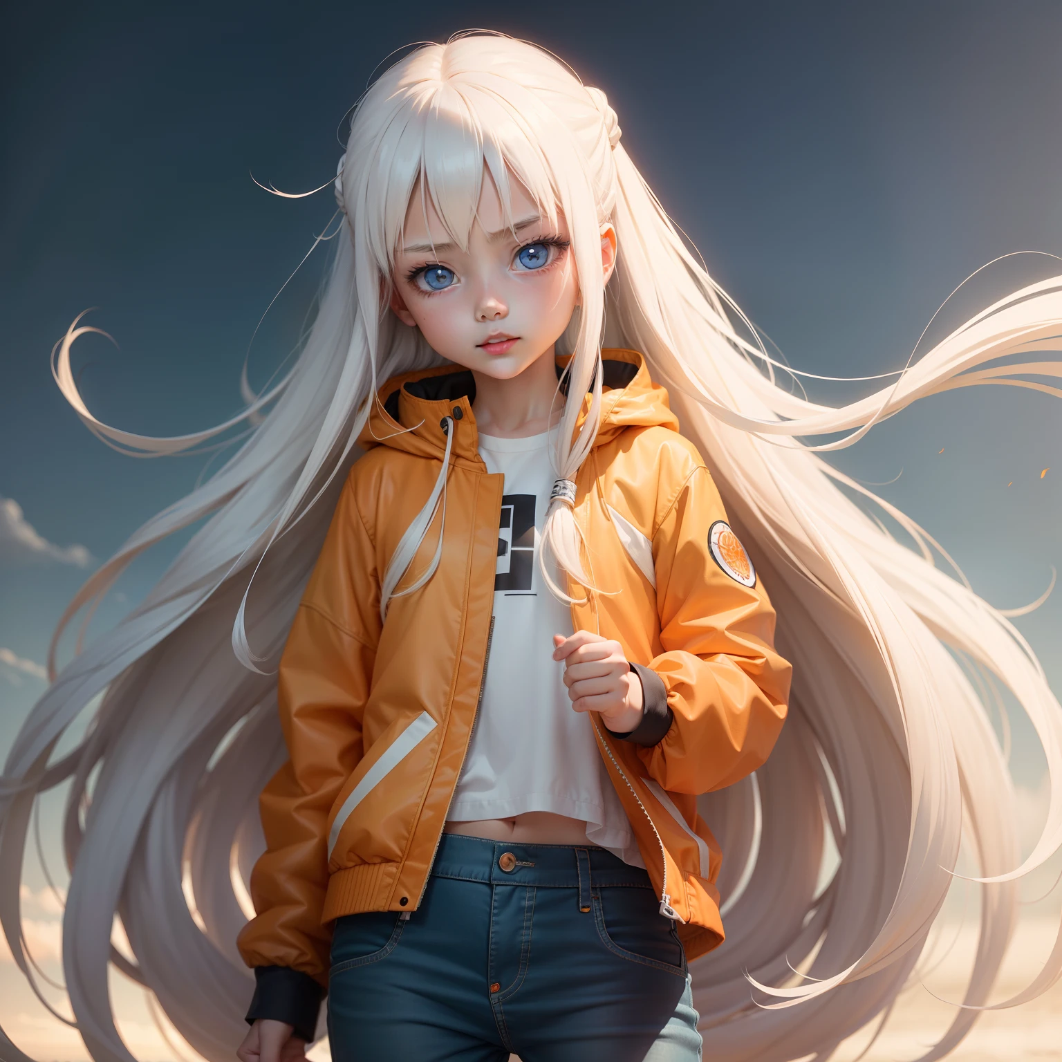 Little girl with long white hair wearing an orange jacket with white pants blue eyes manga style bleach style