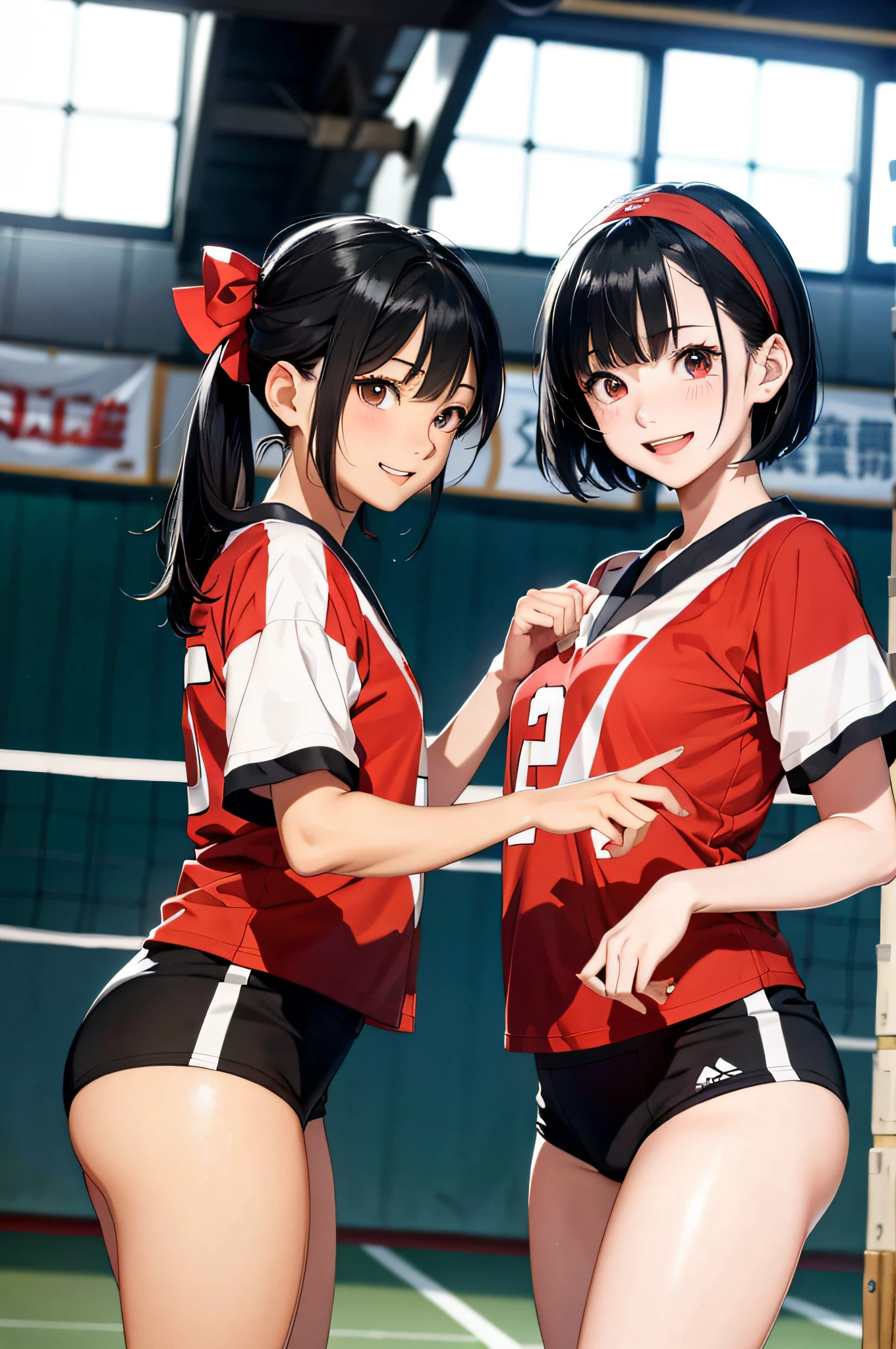 (top-quality、in 8K、32K、masterpiece、nffsw、超A high resolution、Impresionismo、Photorealsitic:1.2)、Full body, from behind, Inside the gymnasium、Volleyball Court、beauitful face、blurry backround、16-year-old beautiful girl、shinny skin、bob cuts、Beautiful black hair、Red Eyes、(Hachimaki:1.2)、Volleyball Uniforms、Curve、dynamicposes、Smile with open mouth、Two girls、