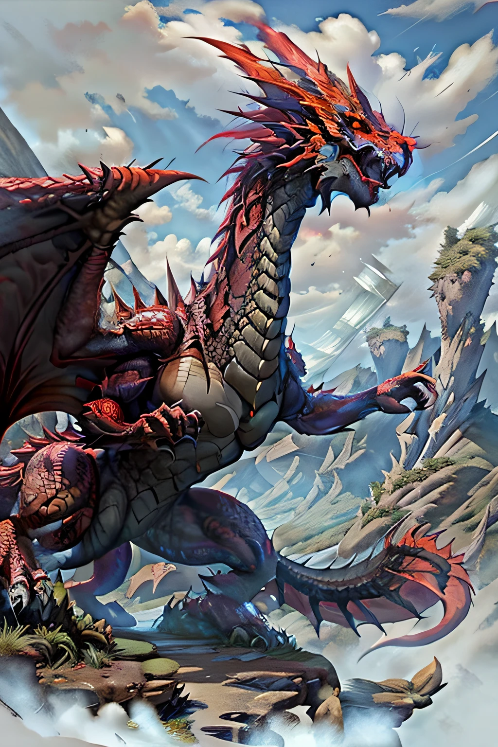 red dragon, escamas vermelhas, mundo de fantasia, topo de montanha, design limpo, epic, DND