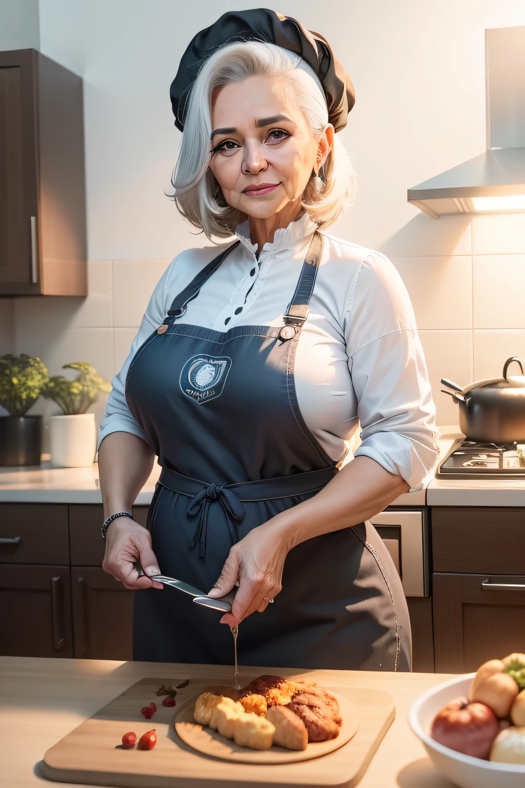 quero uma foto de uma cozinheira. que ela seja uma senhora, com mais idade, em torno de 50 anos, com cabelos pretos, que seja mais gorda, and that she looks like a mother. To use to create a logo for a YouTube channel