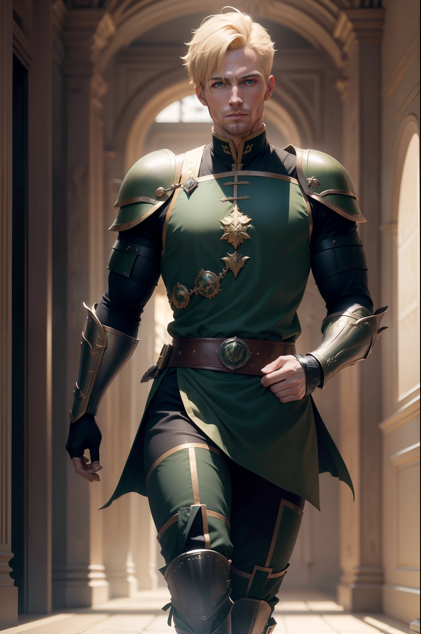 ultra realistic 8k image of a blond man with short hair, 30 years old, strong, handsome, extremely detailed green eyes, dressed in black RPG warrior costume with dark green shoulder pads, running in a wide hall of a royal palace
