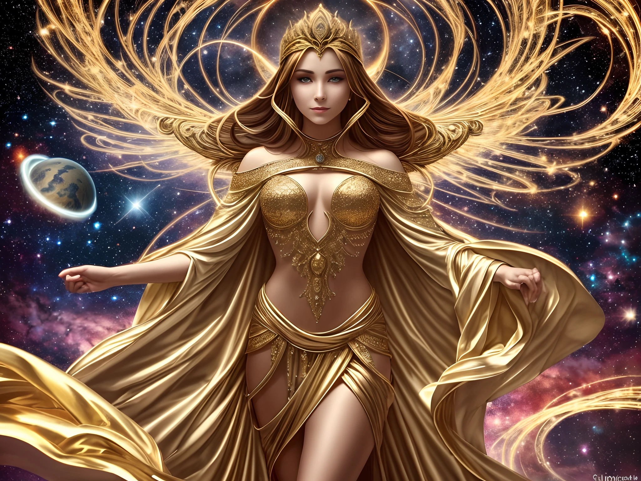 Ananke, as a Primordial Goddess in Greek mythology, It has an ethereal and luminous figure, su cuerpo adopta una forma elegante y fluida, con una piel de alabastro que emana suavidad y misterio. His face radiates wisdom, con ojos profundos de un tono plateado que reflejan el cosmos mismo, y sus labios delicados guardan secretos antiguos. Her long, matted hair flows like threads of golden light., enmarcando su rostro con un halo divino. He wears a robe woven with the sparkles of the stars and holds in his hands an ancient celestial sphere that contains the universe within.. Todo a su alrededor brilla en tonos celestiales y dorados, mientras se alza en un santuario celestial, un lugar donde el tiempo y el espacio convergen. --auto --s2