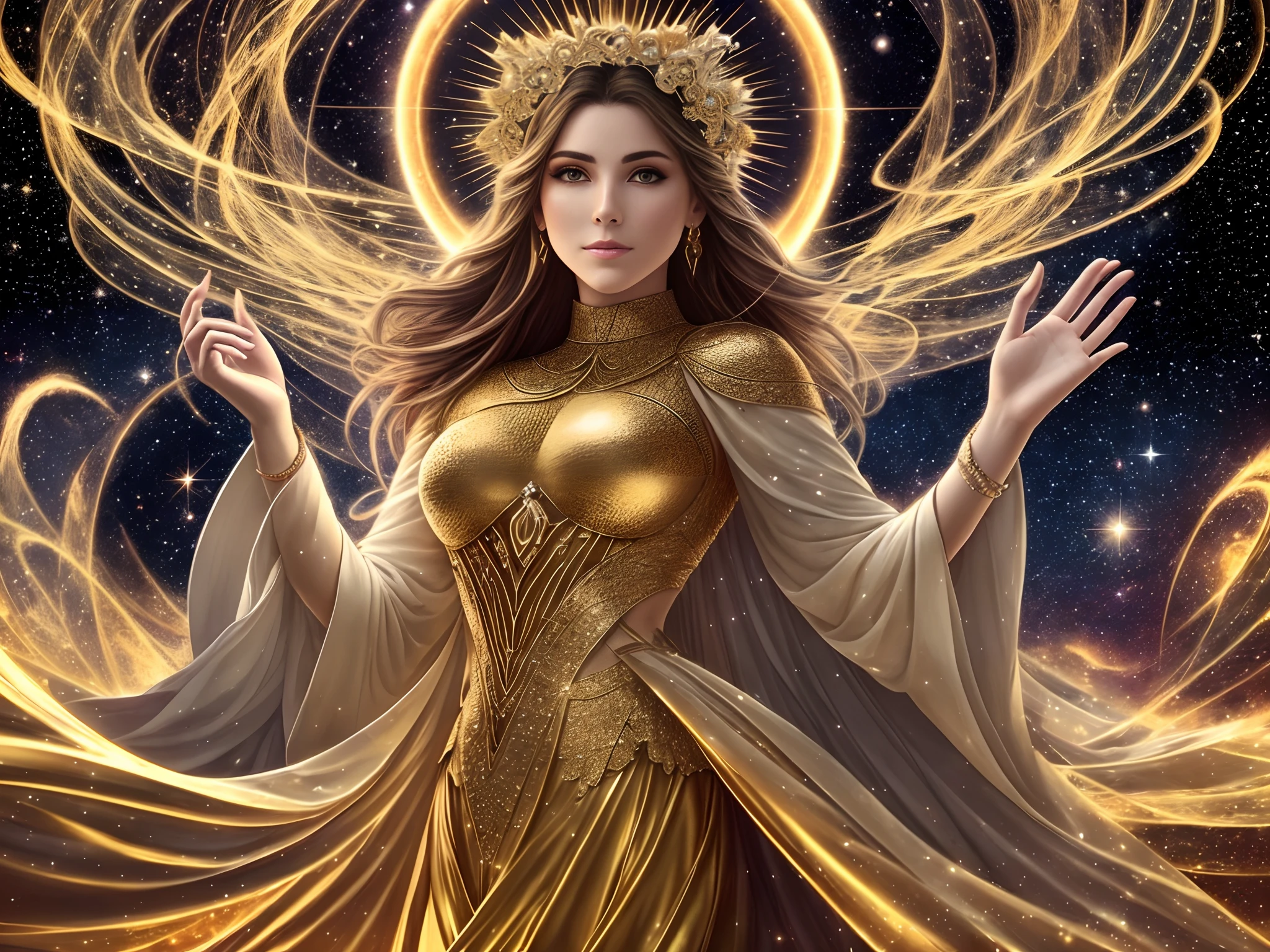 Ananke, as a Primordial Goddess in Greek mythology, It has an ethereal and luminous figure, su cuerpo adopta una forma elegante y fluida, con una piel de alabastro que emana suavidad y misterio. His face radiates wisdom, con ojos profundos de un tono plateado que reflejan el cosmos mismo, y sus labios delicados guardan secretos antiguos. Her long, matted hair flows like threads of golden light., enmarcando su rostro con un halo divino. He wears a robe woven with the sparkles of the stars and holds in his hands an ancient celestial sphere that contains the universe within.. Todo a su alrededor brilla en tonos celestiales y dorados, mientras se alza en un santuario celestial, un lugar donde el tiempo y el espacio convergen. --auto --s2