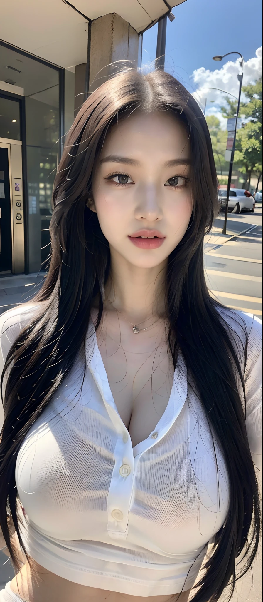 ((Best Quality, 8K, Masterpiece: 1.3)), Sharp: 1.2, Perfect Body Beauty: 1.4, Slim Abs: 1.2, ((black hair: 1.2)), (White Button Long Shirt: 1.1), (Street: 1.2), Highly Detailed Face and Skin Texture, Detailed Eyes, Double Eyelids, Looking at the Camera