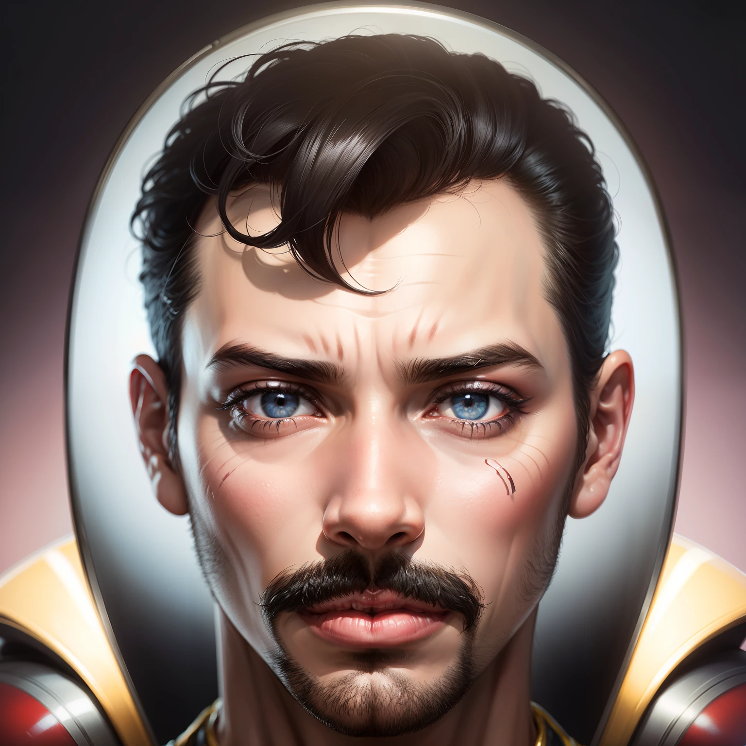 Fredie Mercury com foco no rosto, hiper-realismo.