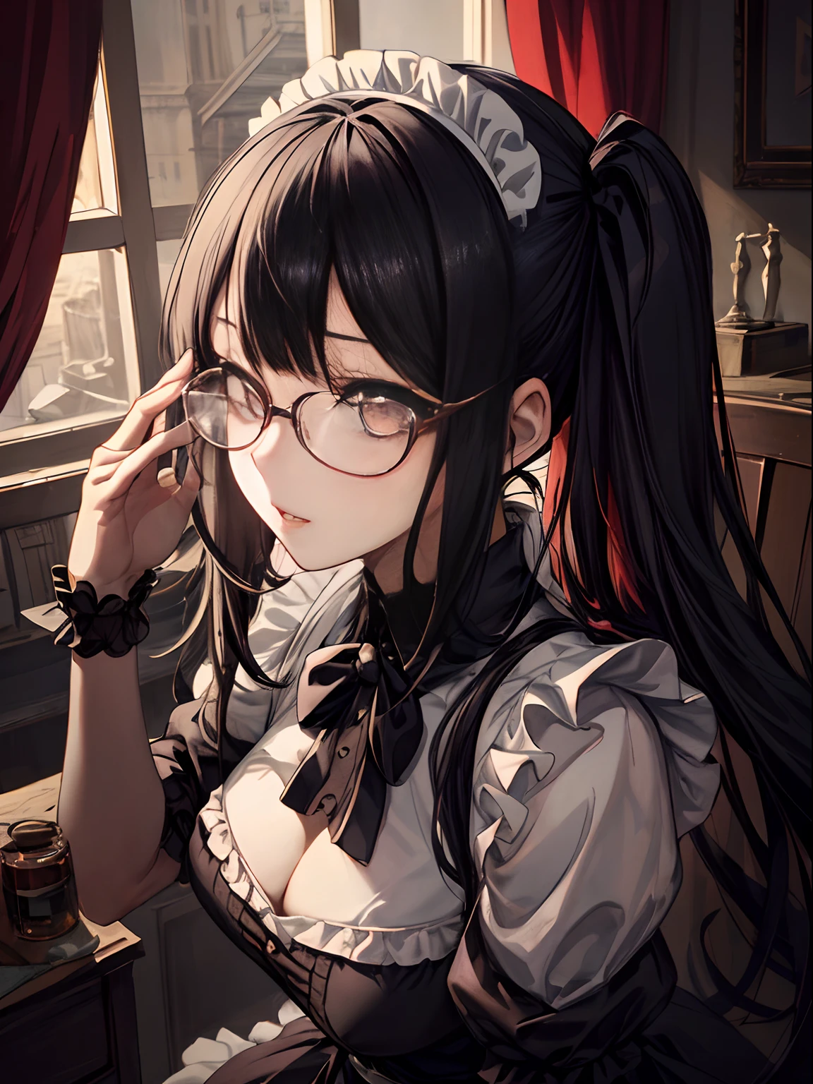1girl in, [Twin-tailed], Shaded face, Maids, Crazy, skirt rift, pantiy, [self lift]、eye glasses、put on glasses、eye glass、Blunt bangs、Red brilliant eyes、Sexy、Nasty face、maid, over-kneehighs,Ahegao , Silly,Sexual ecstasy,Drunken eyes,Blunt bangs, Black hair,(masutepiece:1.2, Best Quality), (finely detailed beautiful eye: 1.2), (Detailed background,Dark Fantasy), (beautifull detailed face), High contrast, (Best Illumination, extremely delicate and beautiful), ((Cinematic Light)), Colorful, Hyper Detail, Dramatic light, Intricate details,