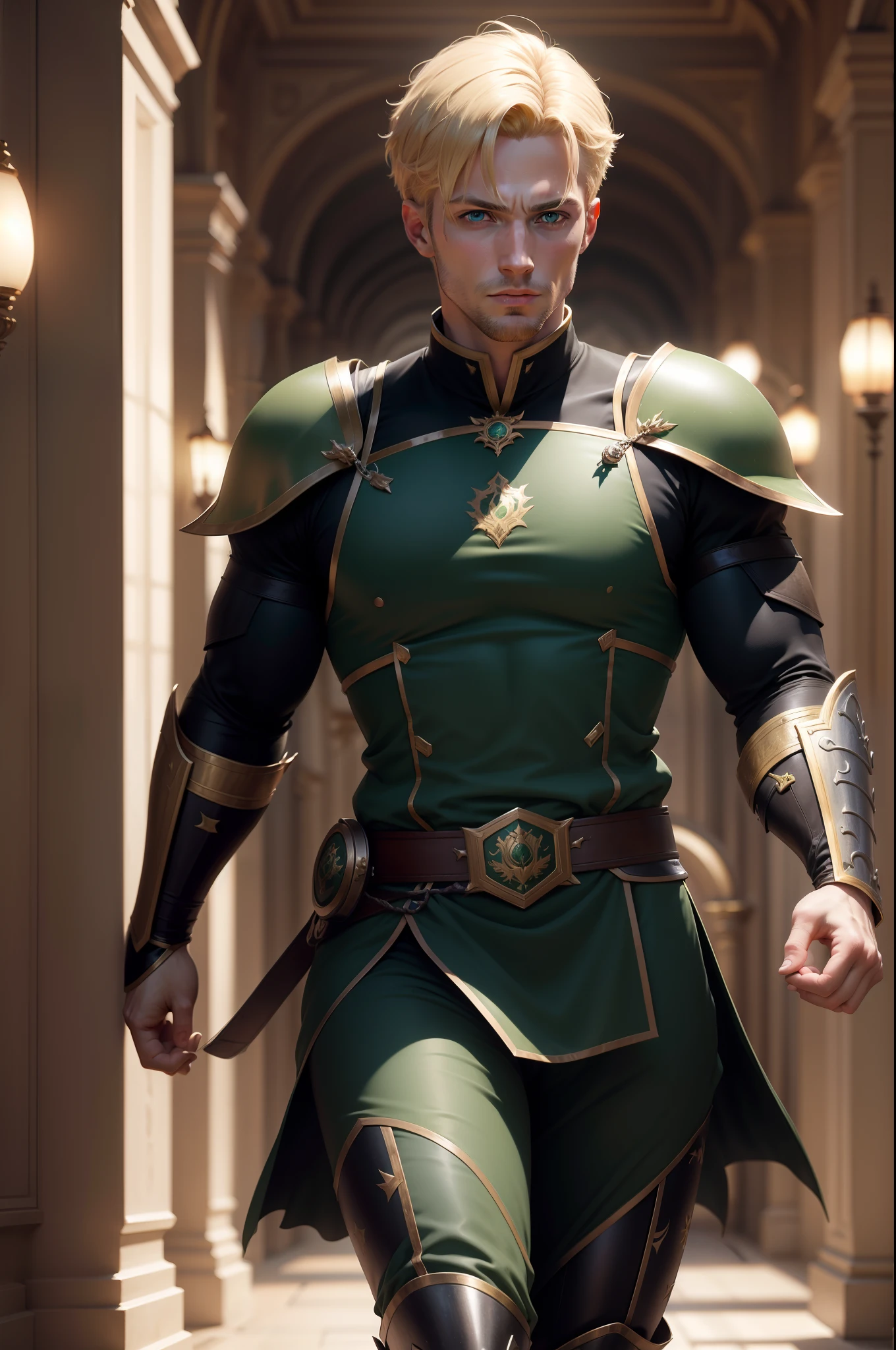 ultra realistic 8k image of a blond man with short hair, 30 years old, strong, handsome, extremely detailed green eyes, dressed in black RPG warrior costume with dark green shoulder pads, running in a wide hall of a royal palace
