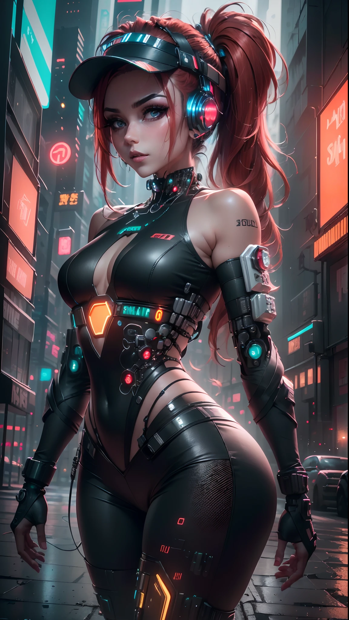 ((Best quality)), ((work-before)), (highly detailed:1.3), .. 3D, beautiful (cyberpunk:1.3) , Stylish woman looking at camera, slender, small breasts, blush , ((Black Ballcap)) Ponytail that comes out of back of Ballcap , auburn hair, cybernetic enhancements, wearing urban_gal