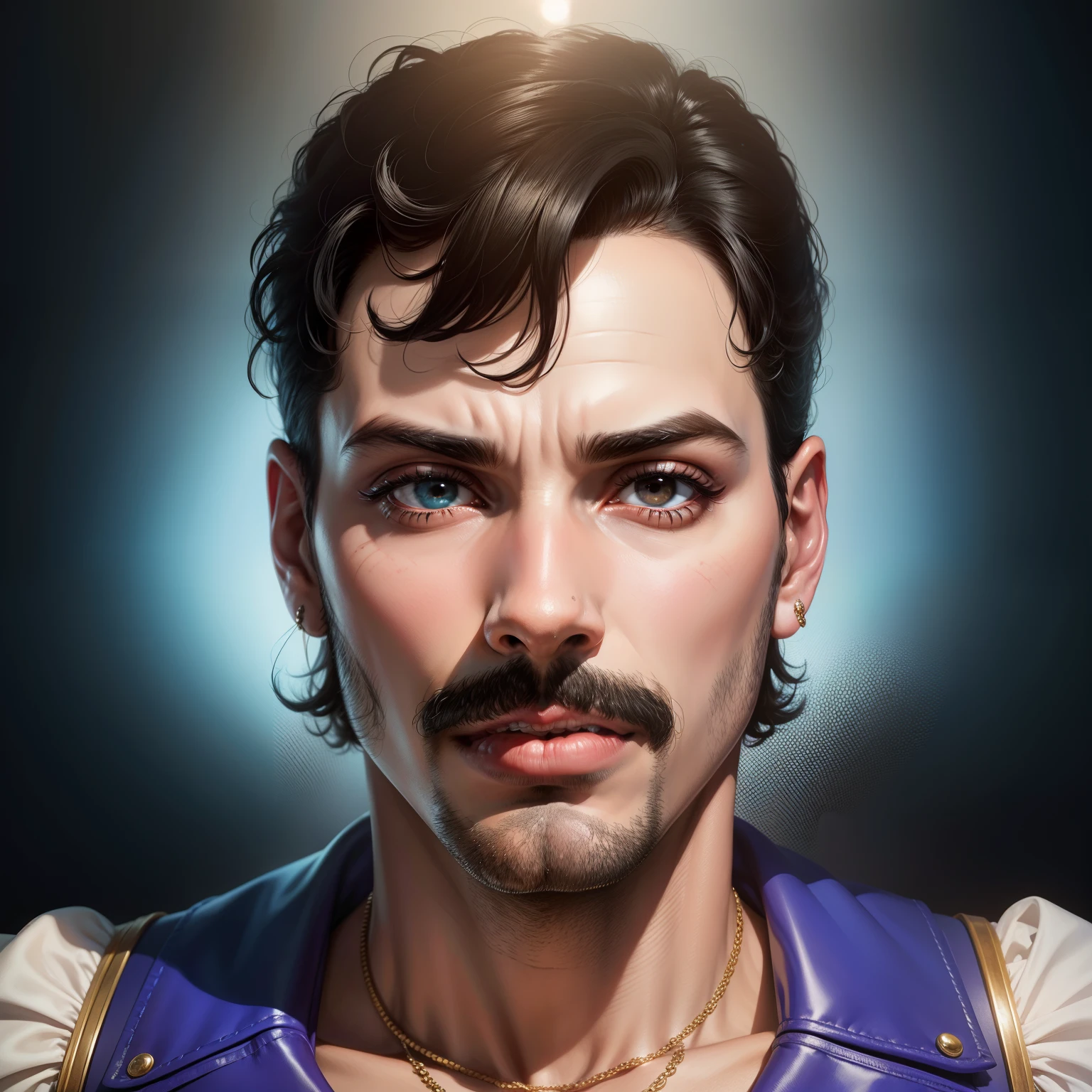 Fredie Mercury com foco no rosto, hiper-realismo.