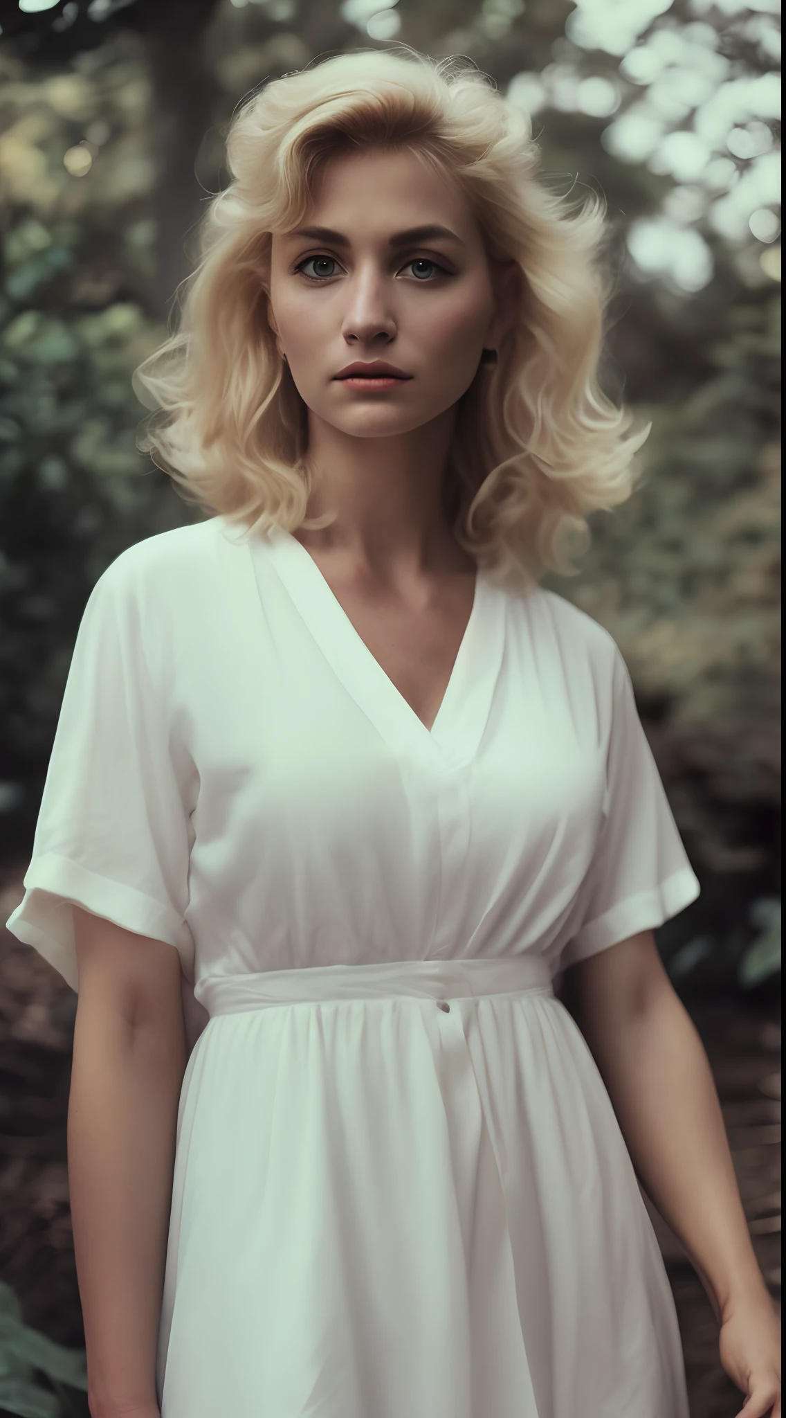 portrait of a blonde woman posing in nature. wears a modern white cotton dress with a very deep v-neckline. vintage photo like 1980s with film grain. 135 mm f/2 lens.