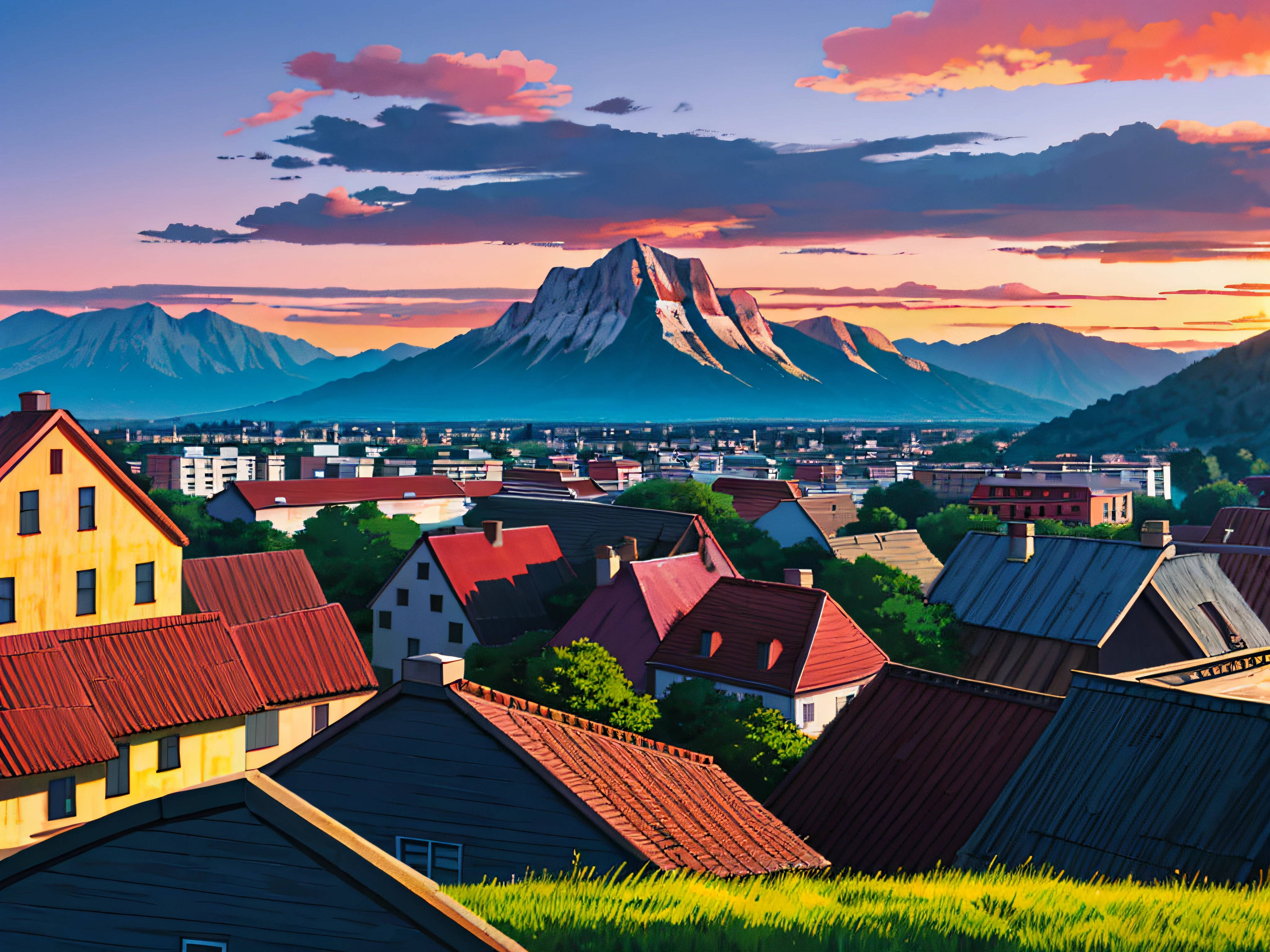 a small town horizon, sunset full of houses, a few buildings, trees and mountain